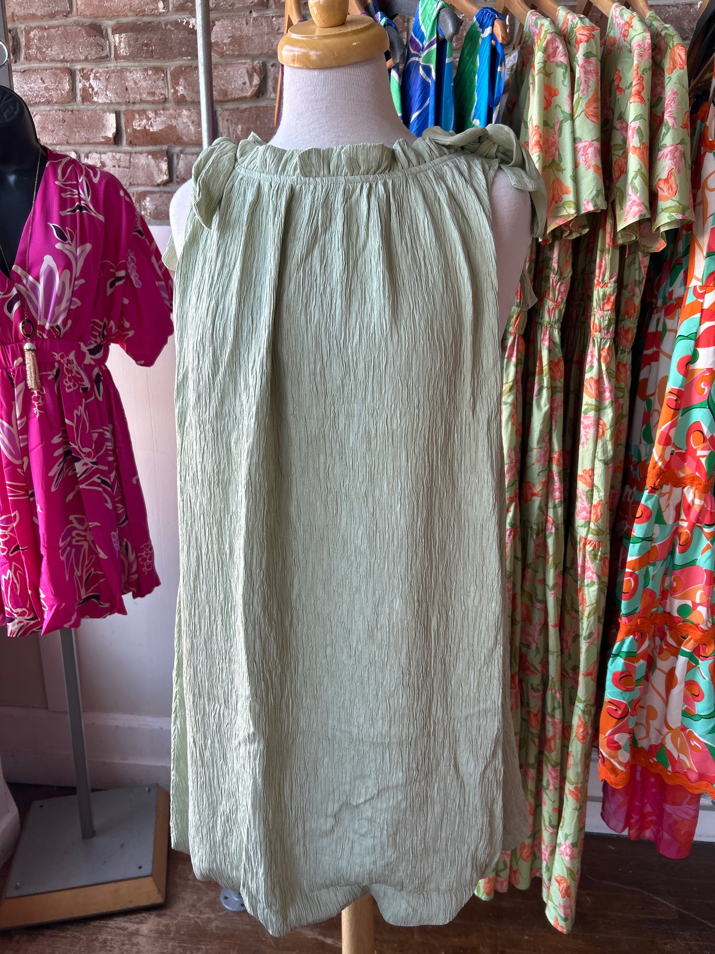 Bow Tied Shift Dress - Sage Green