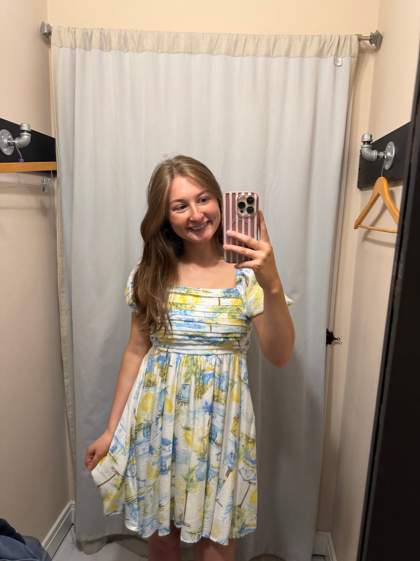 Lemon Print Pleated Short Puff Sleeve Mini Dress