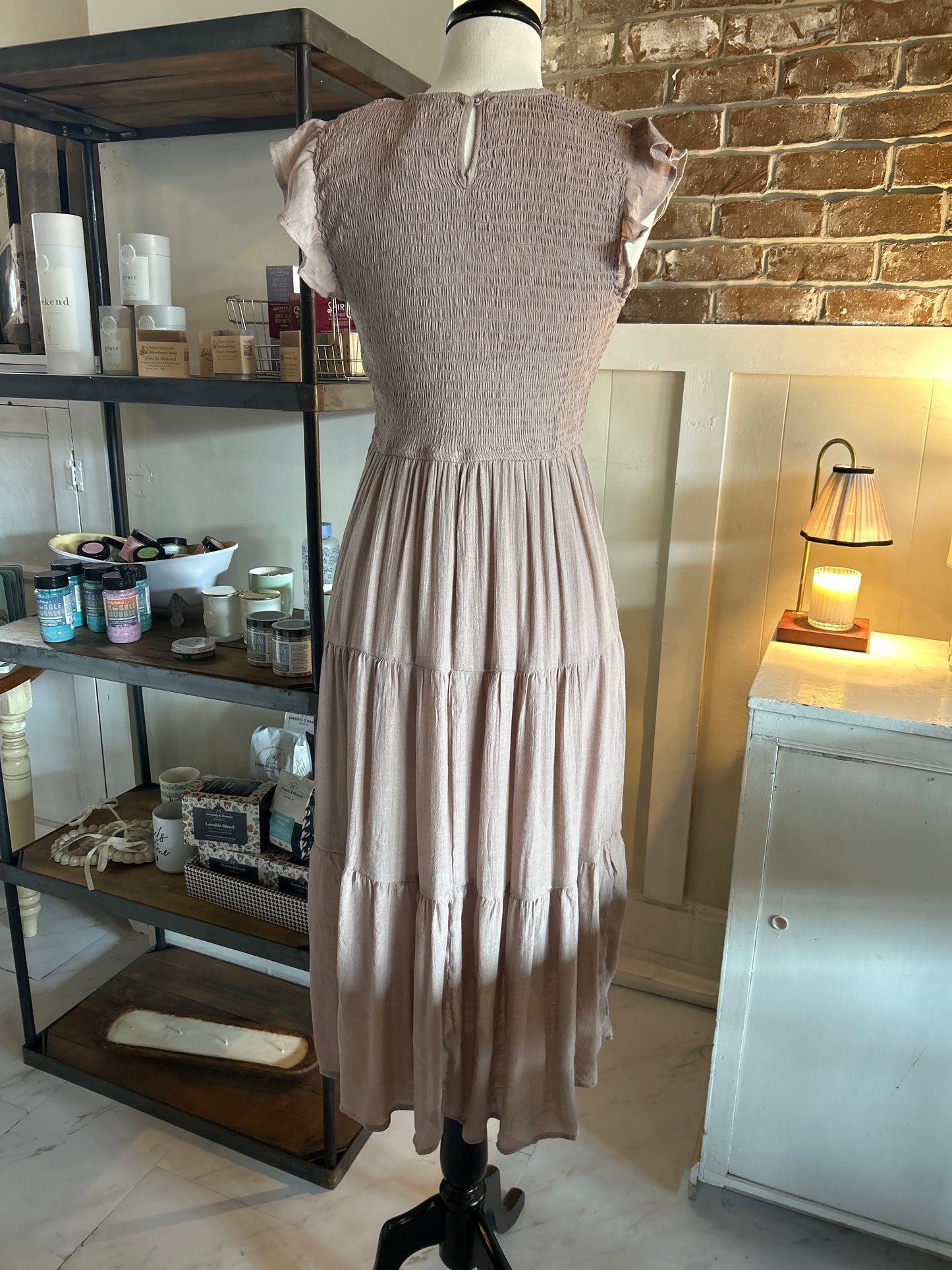Smocked Tiered Midi Dress - Taupe