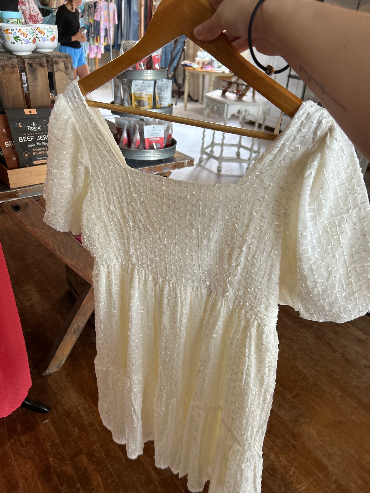 Textured Puff Sleeve Square Neck Dress - Cream