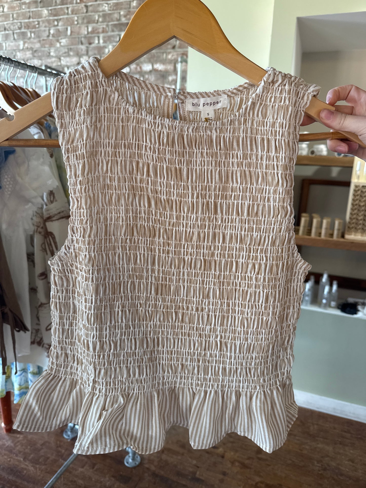 Stripe Sleeveless Smocked Blouse - Tan