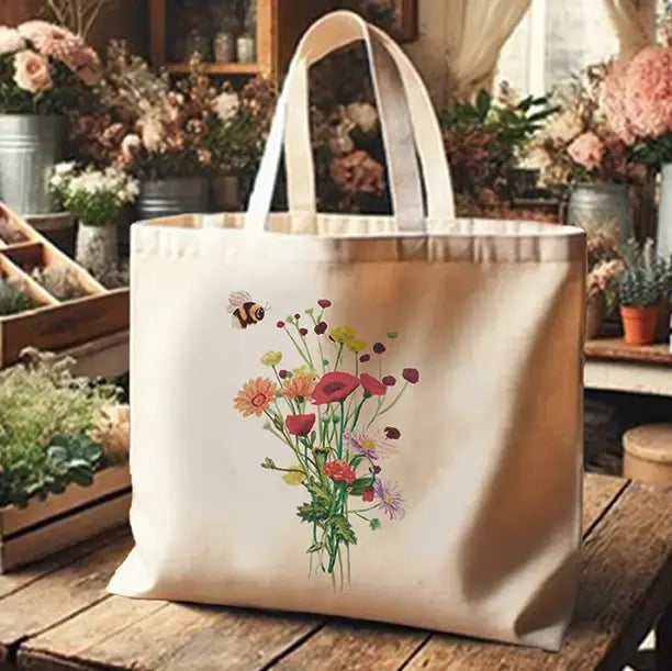 Bee and Flower Canvas Tote Bag