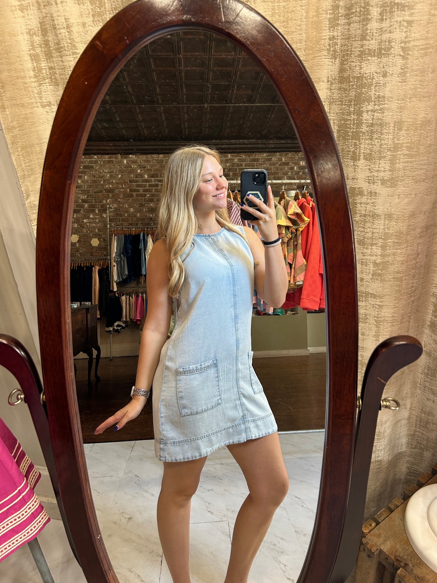 Sleeveless Pocket Detail Washed Denim Mini Dress | Light