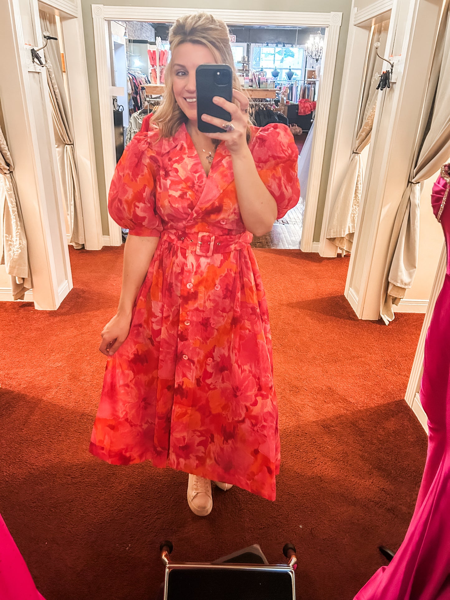 Pink Watercolor Puff Sleeve Dress