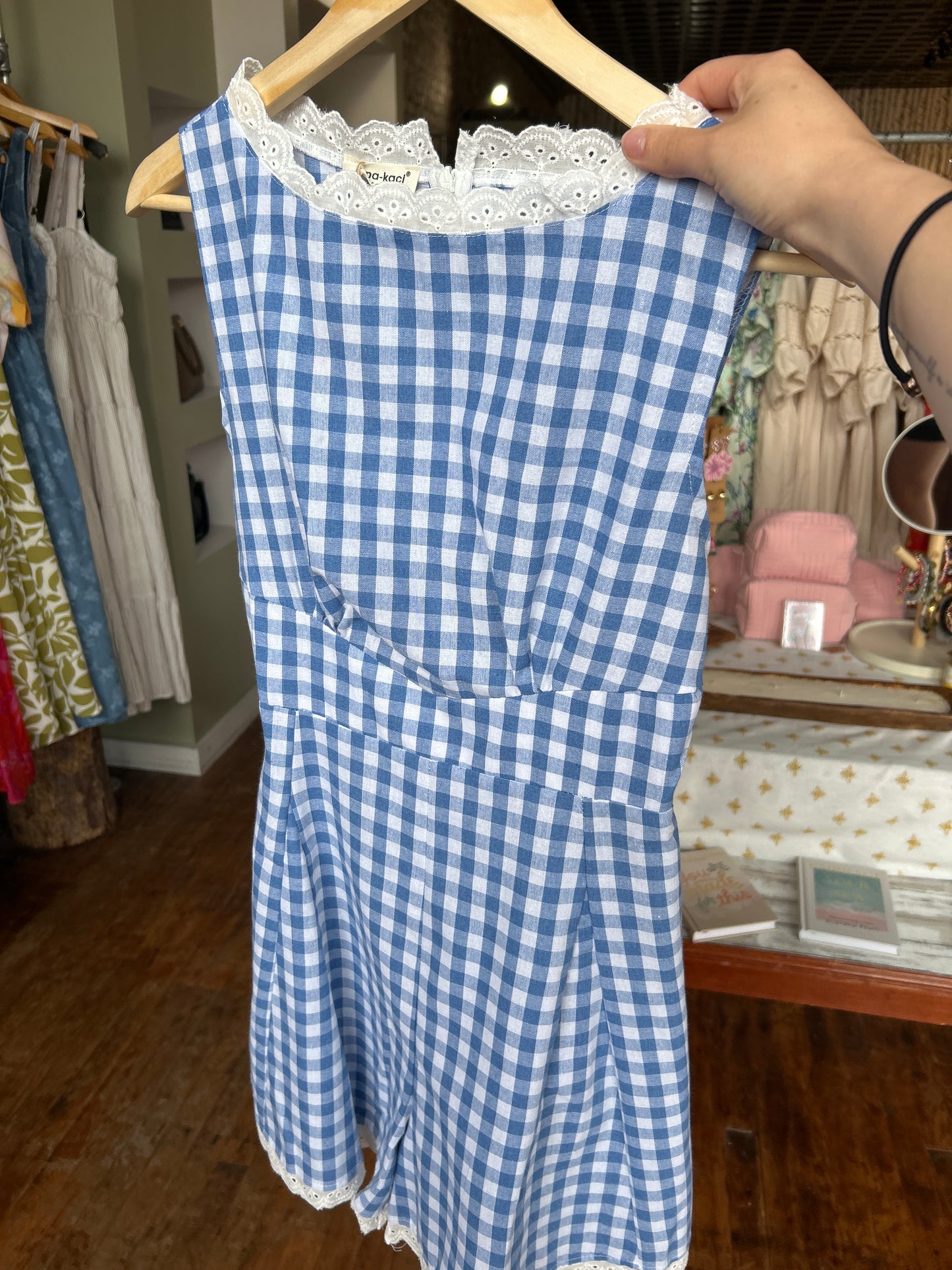 Blue Gingham Romper with Lace