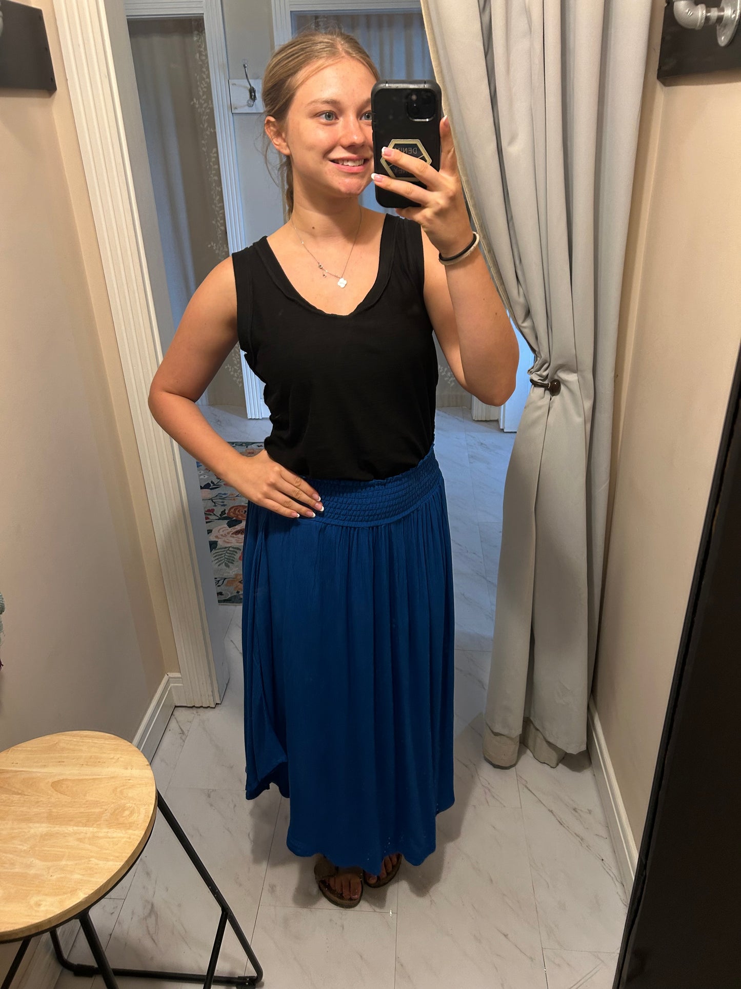 Woven Crinkle Smocked Waist Side Slit Maxi Skirt with Pockets - Classic Blue