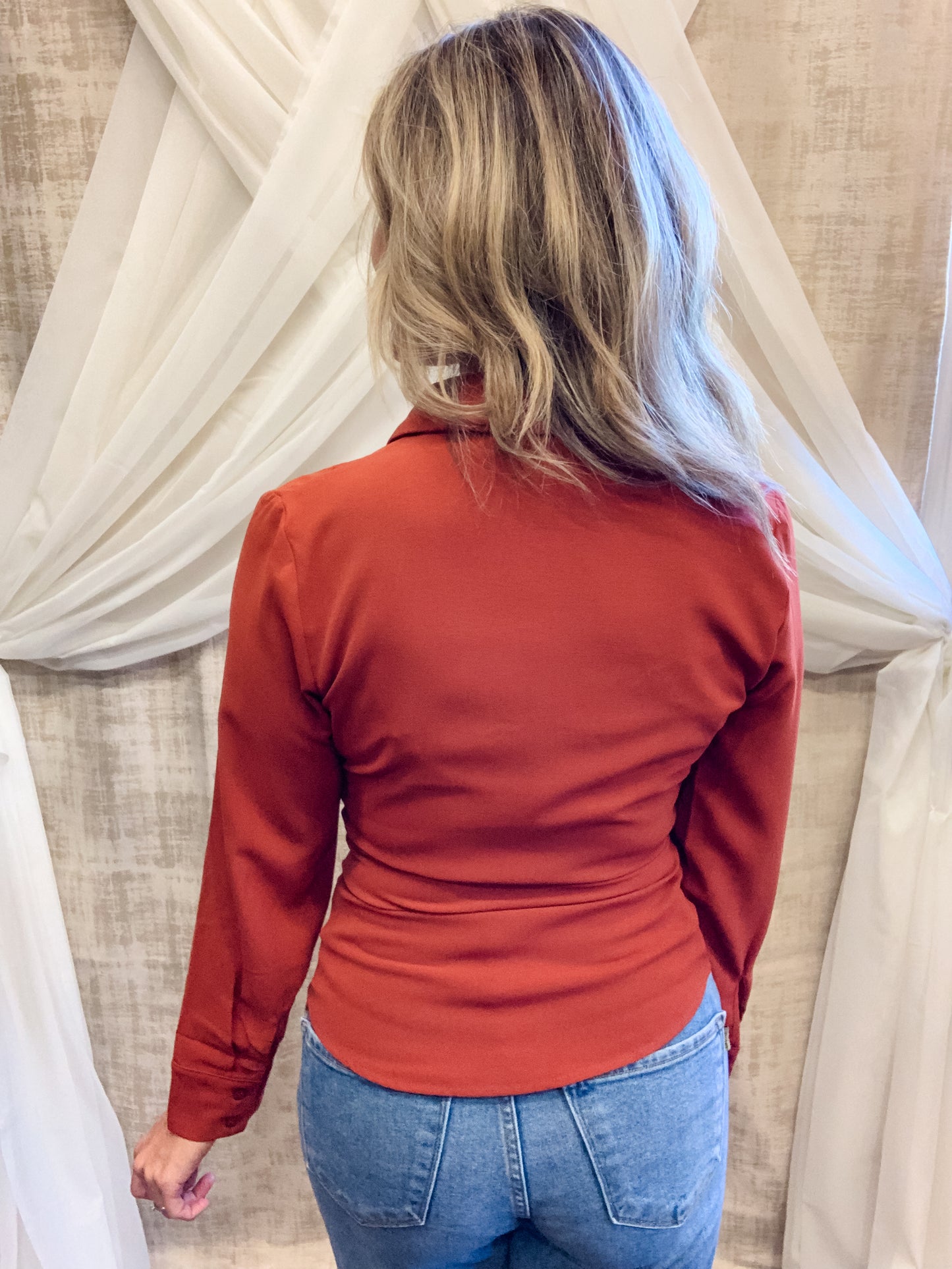 Rust Gathered Button Down Top