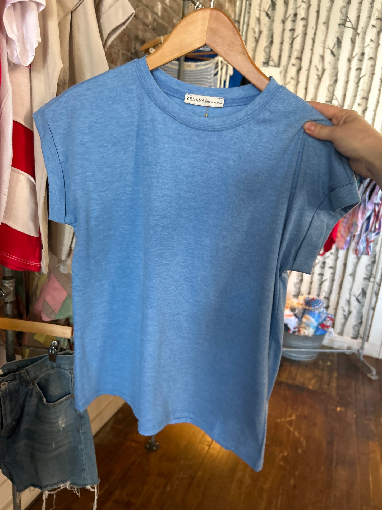 Folded Sleeve Cotton Tee - Heather Blue
