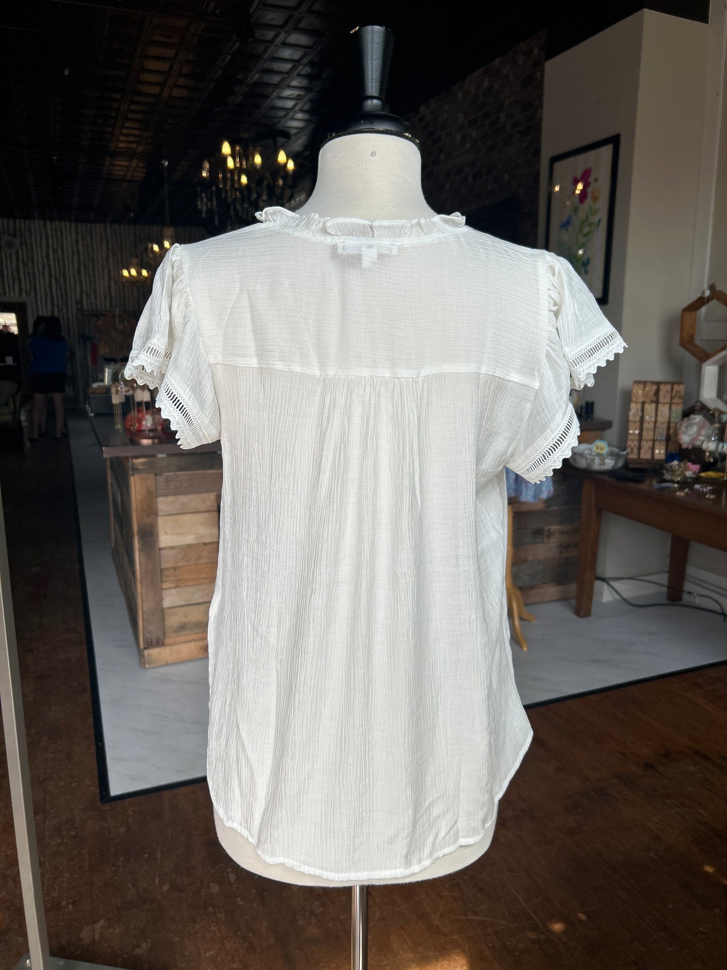 Split Neck Eyelet Crochet Trim Ruffle Detail Top - White