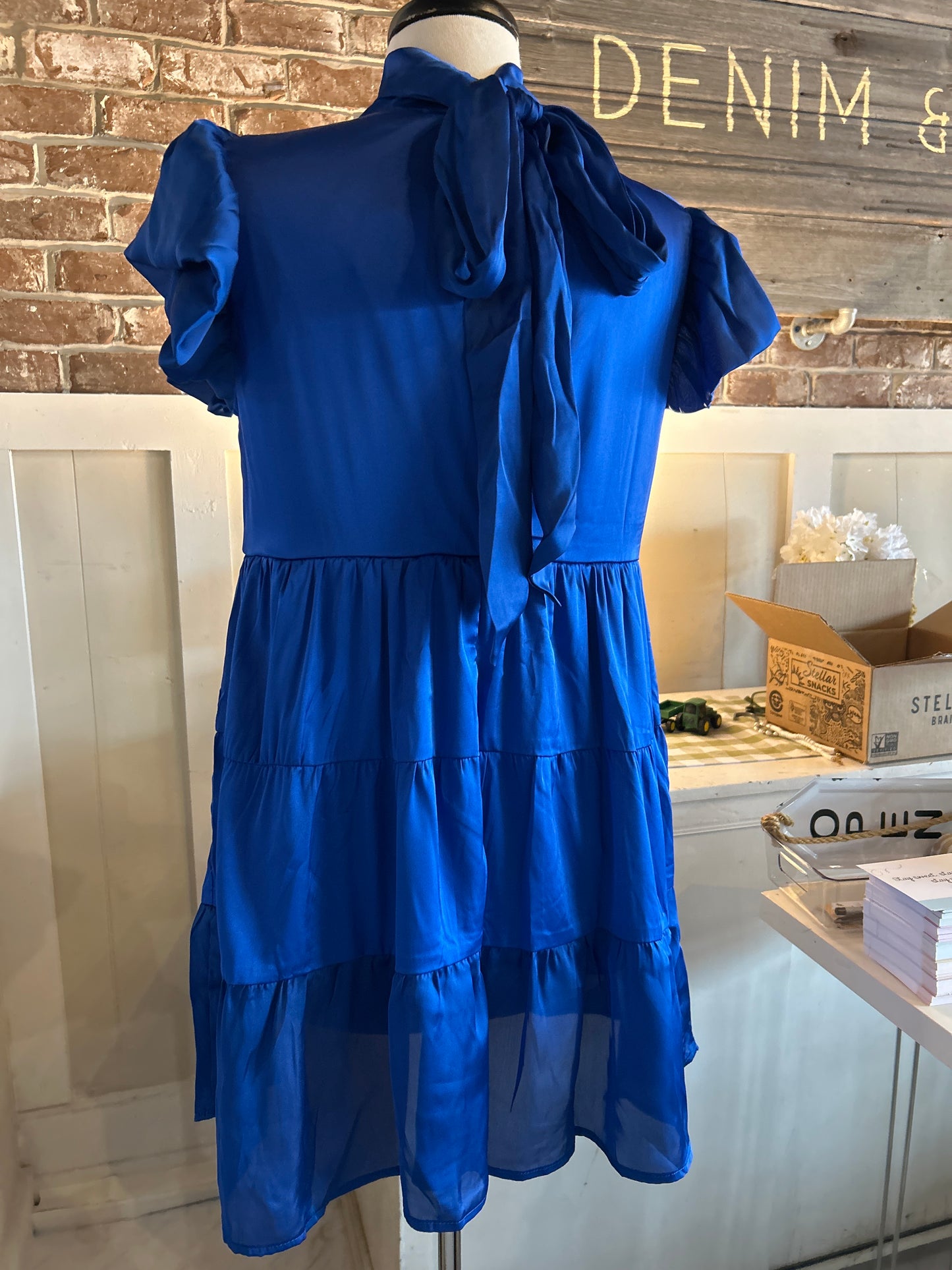 Tiered Tie Neck Back Mini Dress - Royal Blue