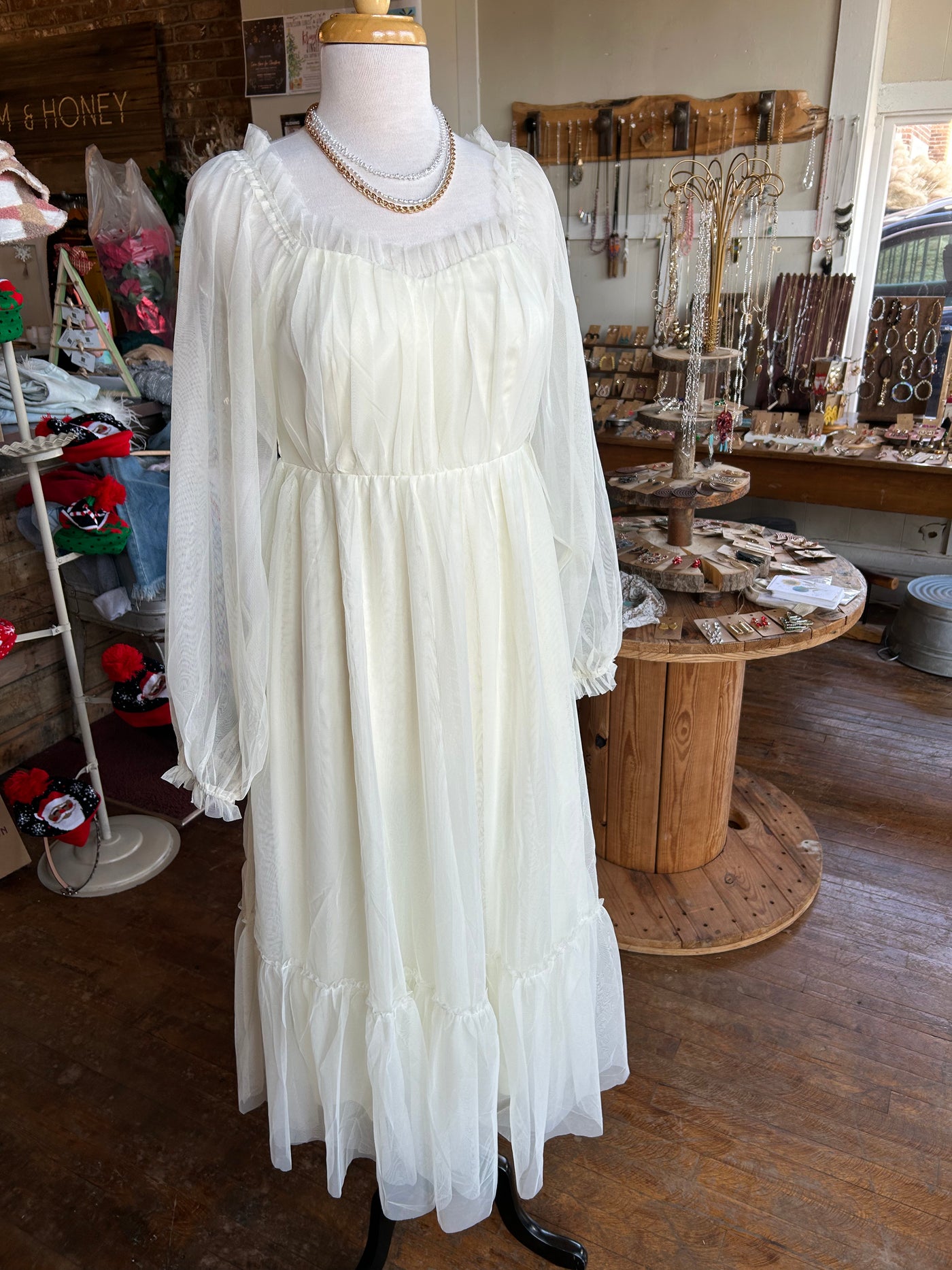 Cream Long Sleeve Tulle Midi Dress
