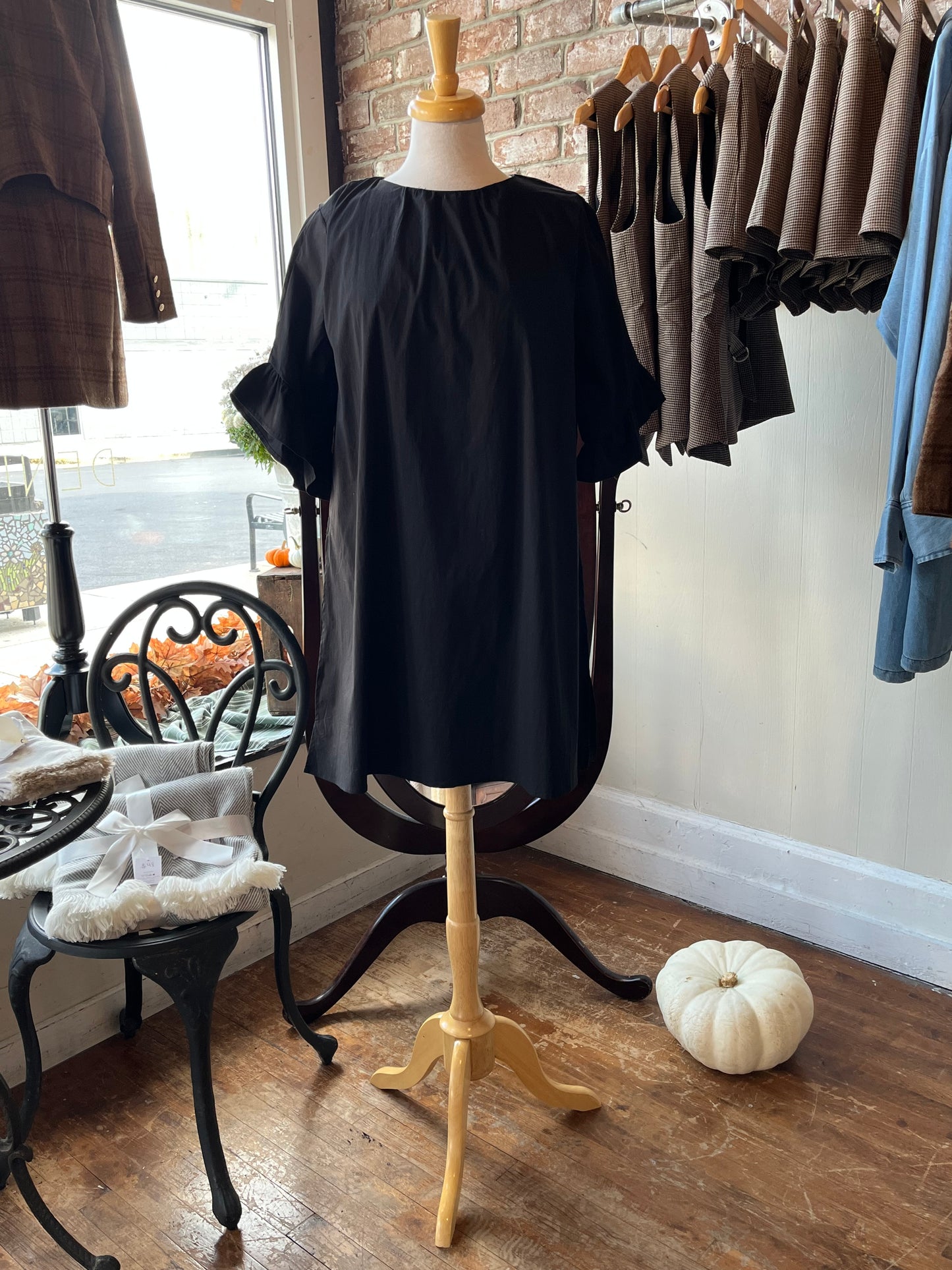 Black Midi Dress with Ruffle Sleeve Hem