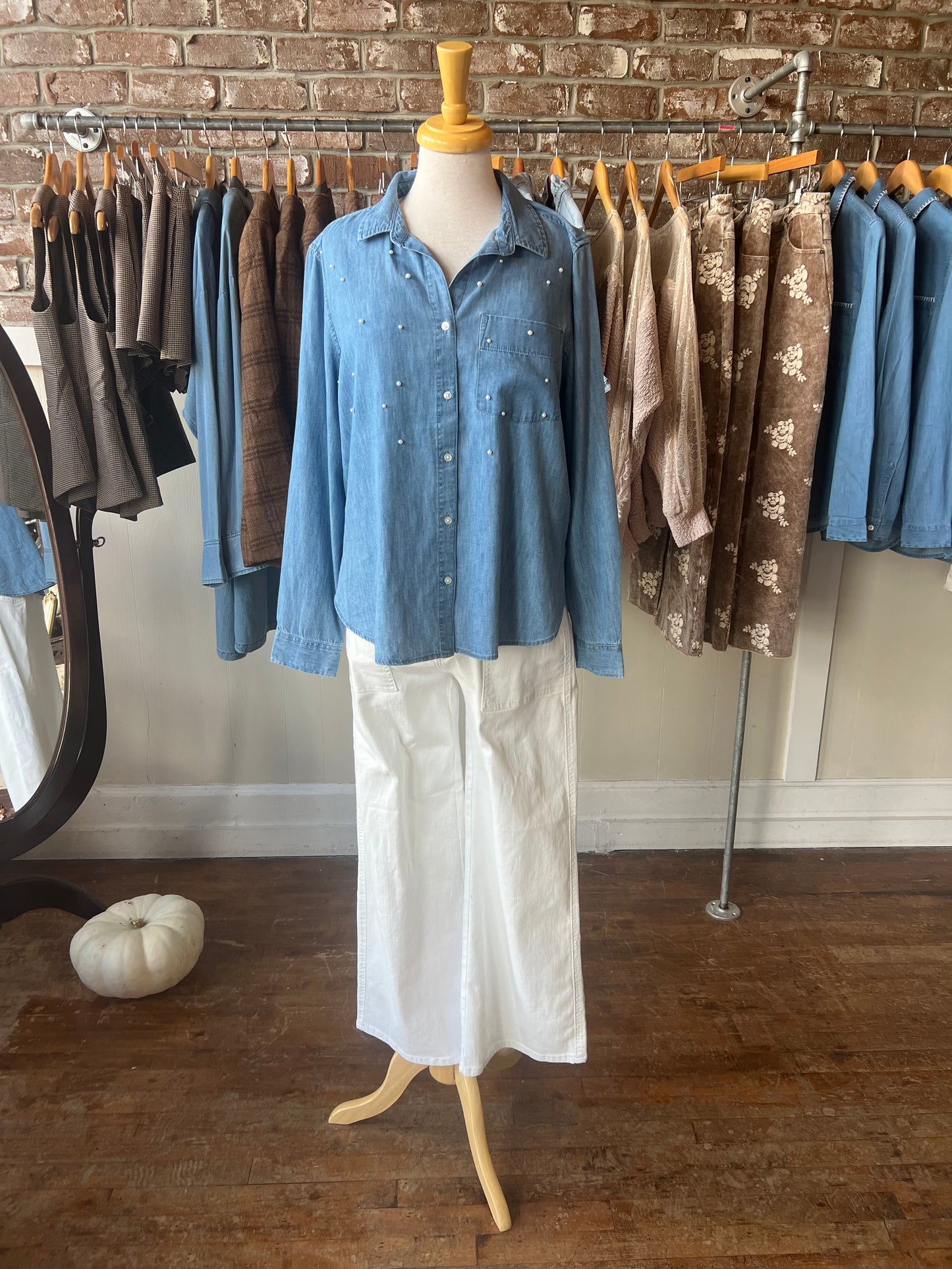 Chambray Button Up with Pearls