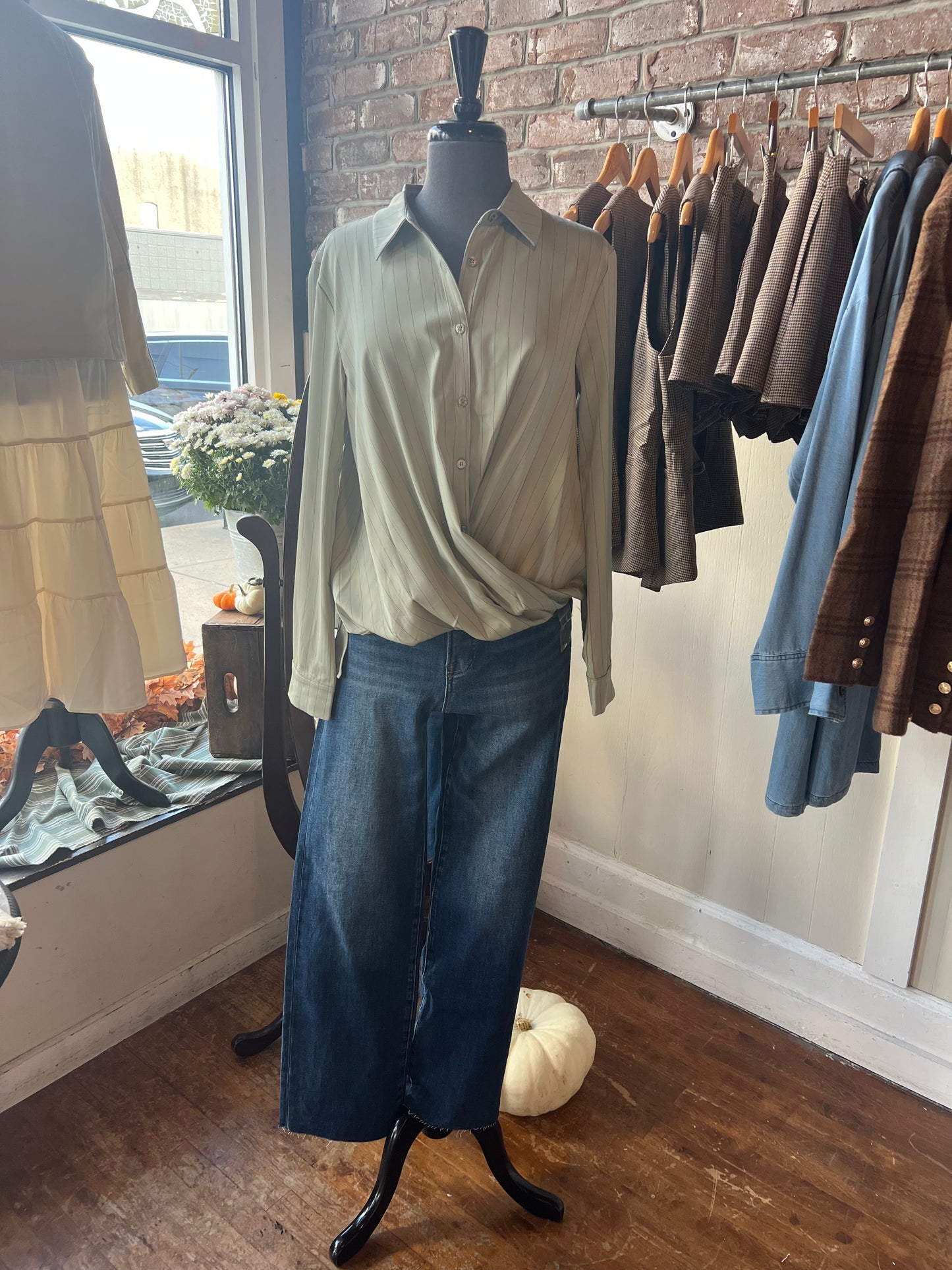 Striped Sage Green Button Up with Twisted Front