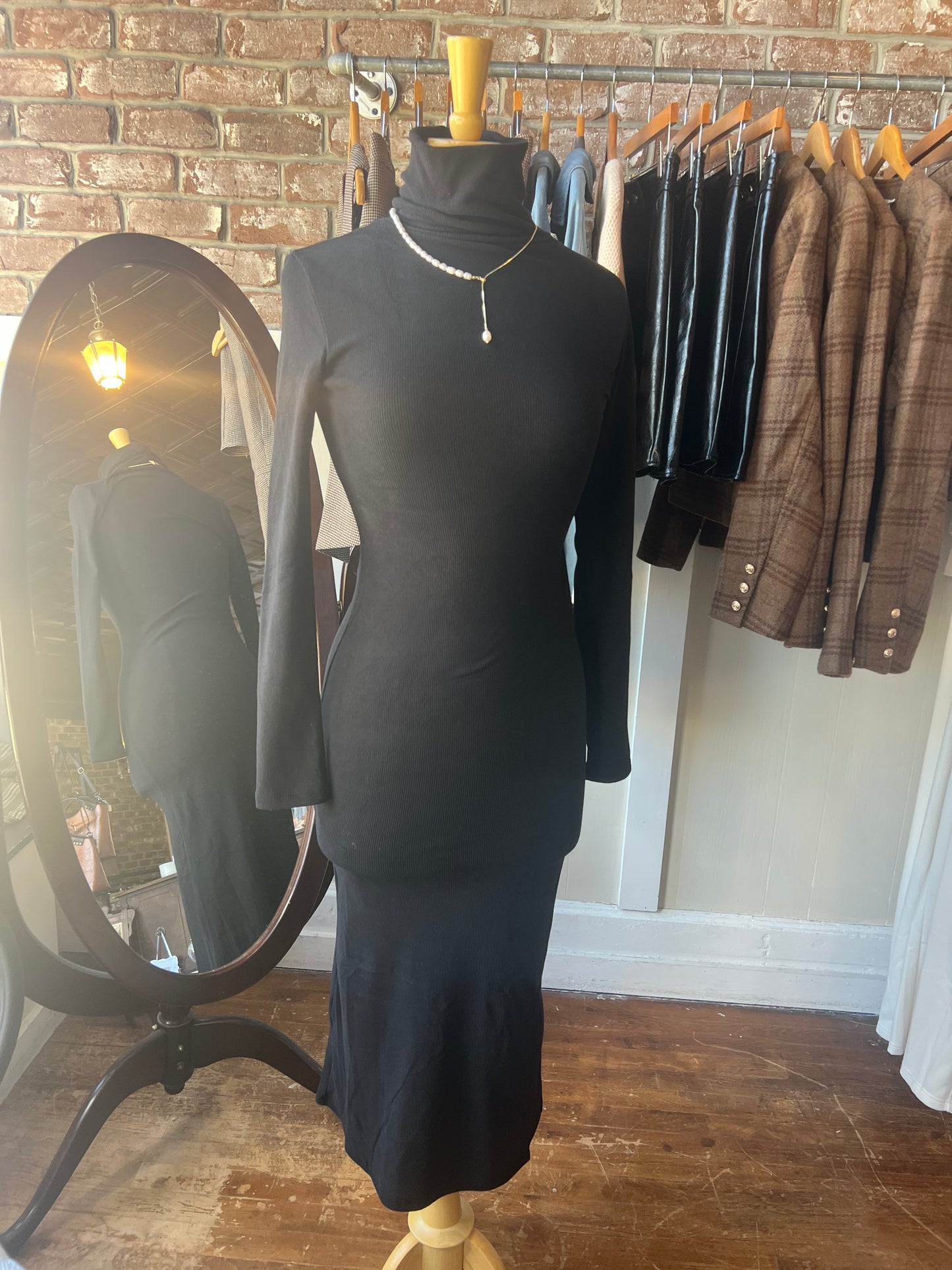 Long Sleeve Turtle Neck Brushed Rib Dress - Black