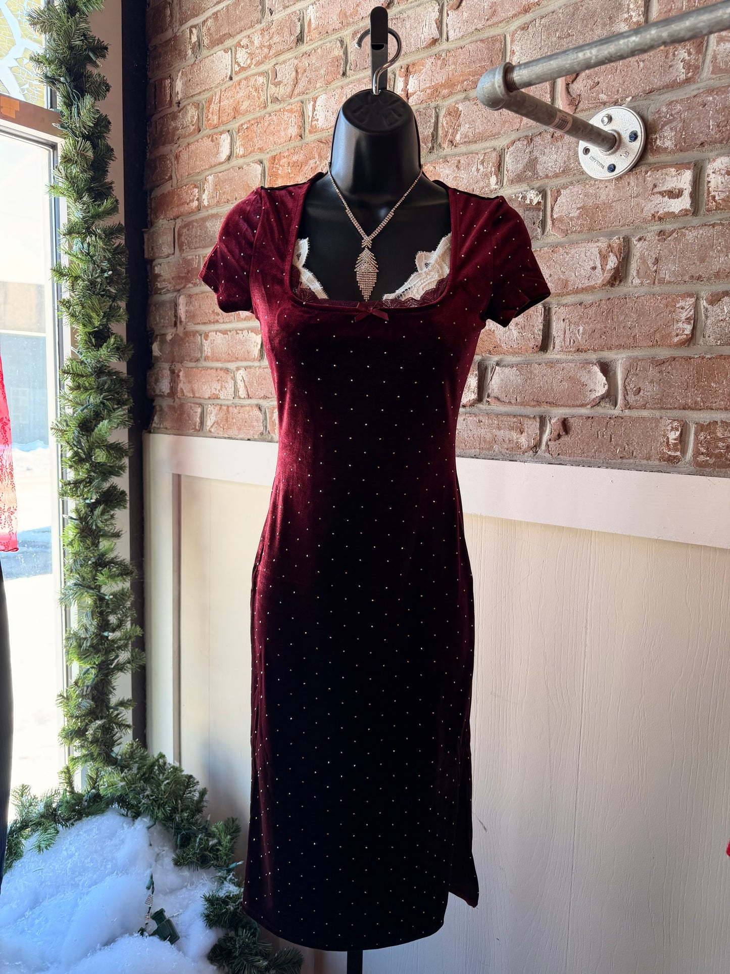 Burgundy Embellished Midi Dress