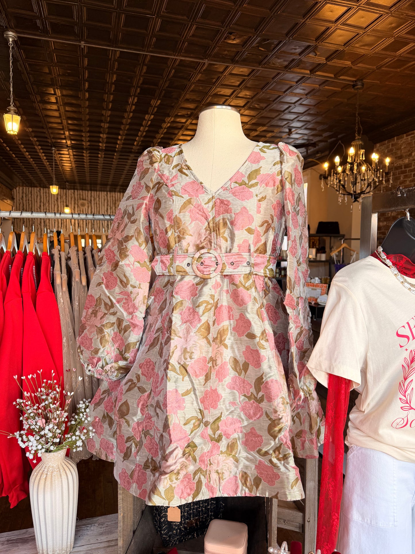 Floral Jacquard V Neck Dress with Belt