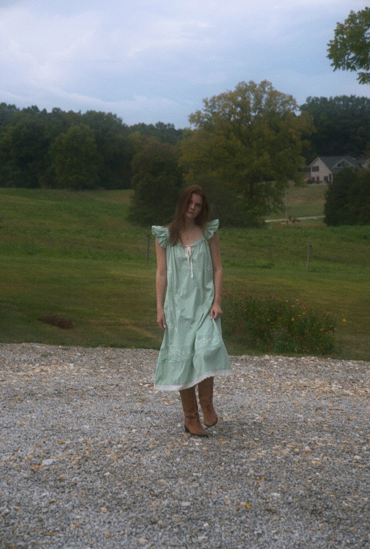 Pale Green Capped Sleeve Nightdress with Rose Embroidery