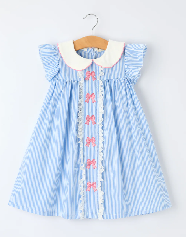 Blue Stripe Girl Dress Petal Peter Pan Collar Bow