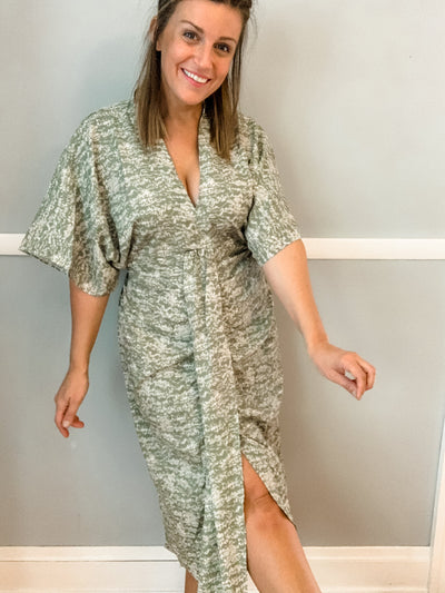 Printed Olive Dress with Front Gathering
