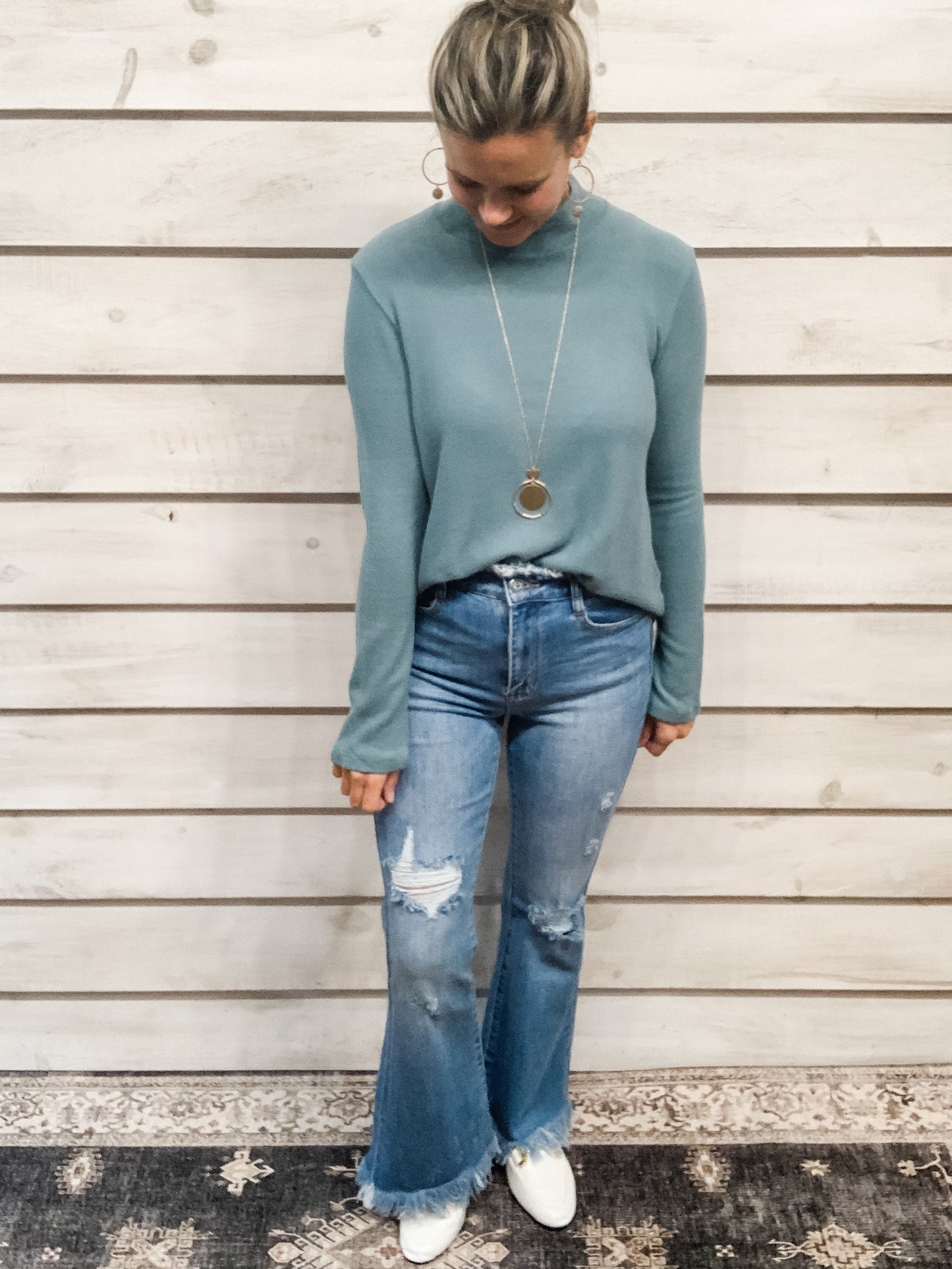 Risen Distressed Bell Bottoms with Frayed Hem