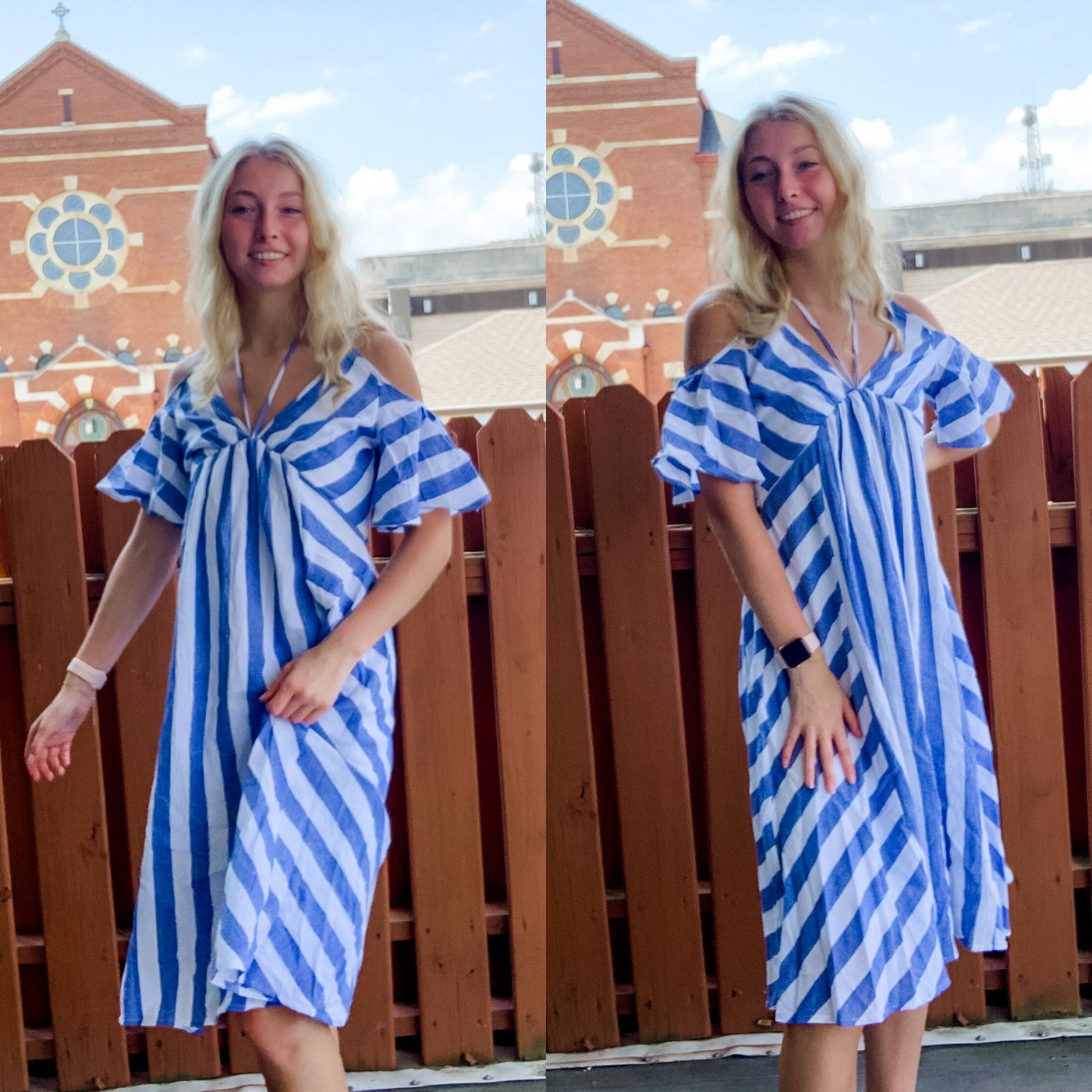 Blue Striped Cold Shoulder Dress
