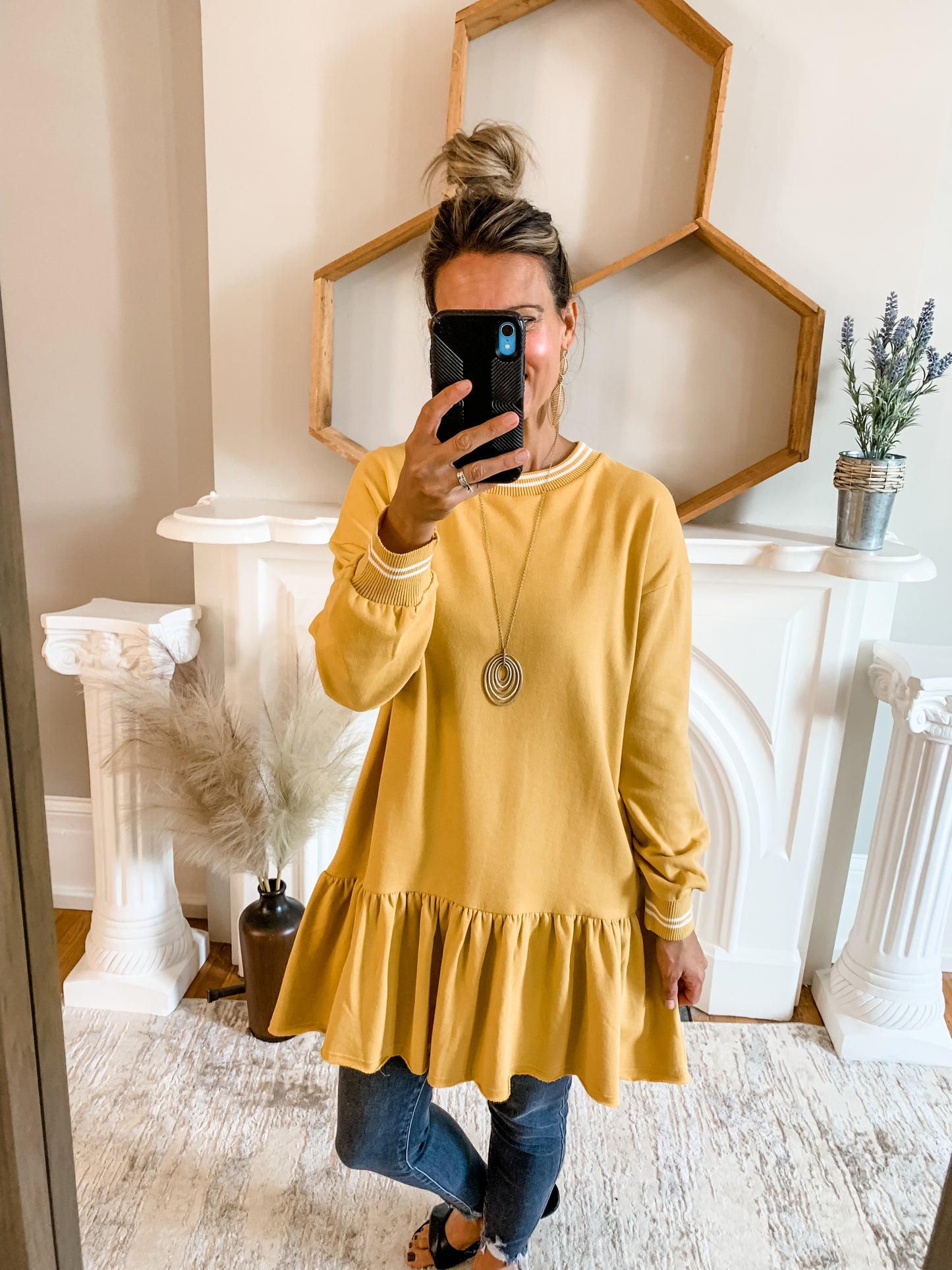 Mustard Tunic with Ruffle Bottom and Contrasting Cuffs