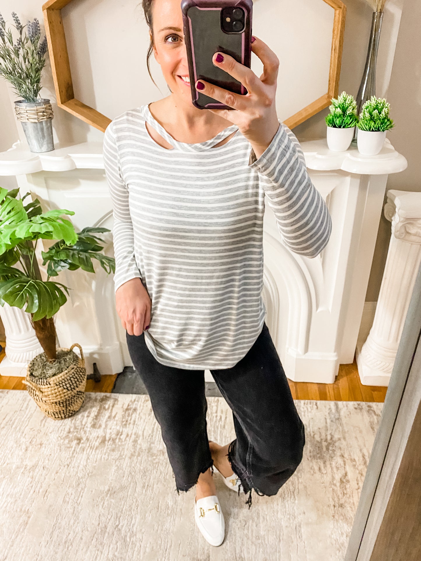 Grey and White Striped Top with Cut Outs