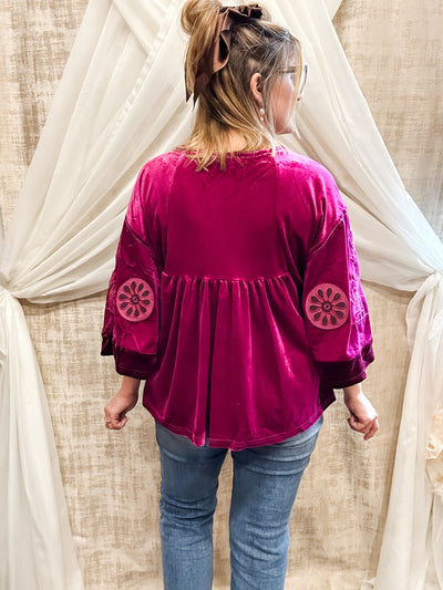 Megenta Embroidered Velvet Peasant Top