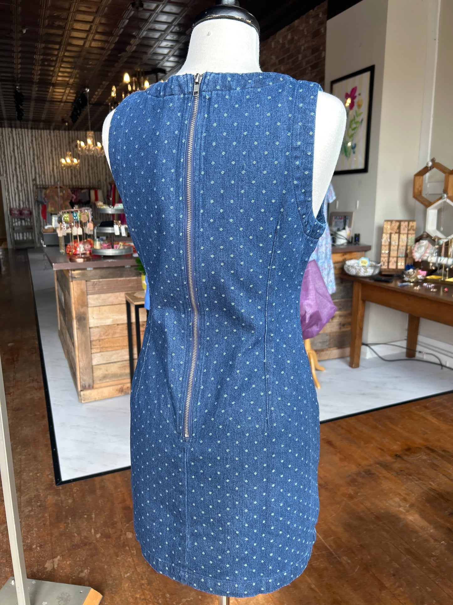 POLKA DOT SLEEVELESS SEAM DETAIL DENIM MINI DRESS