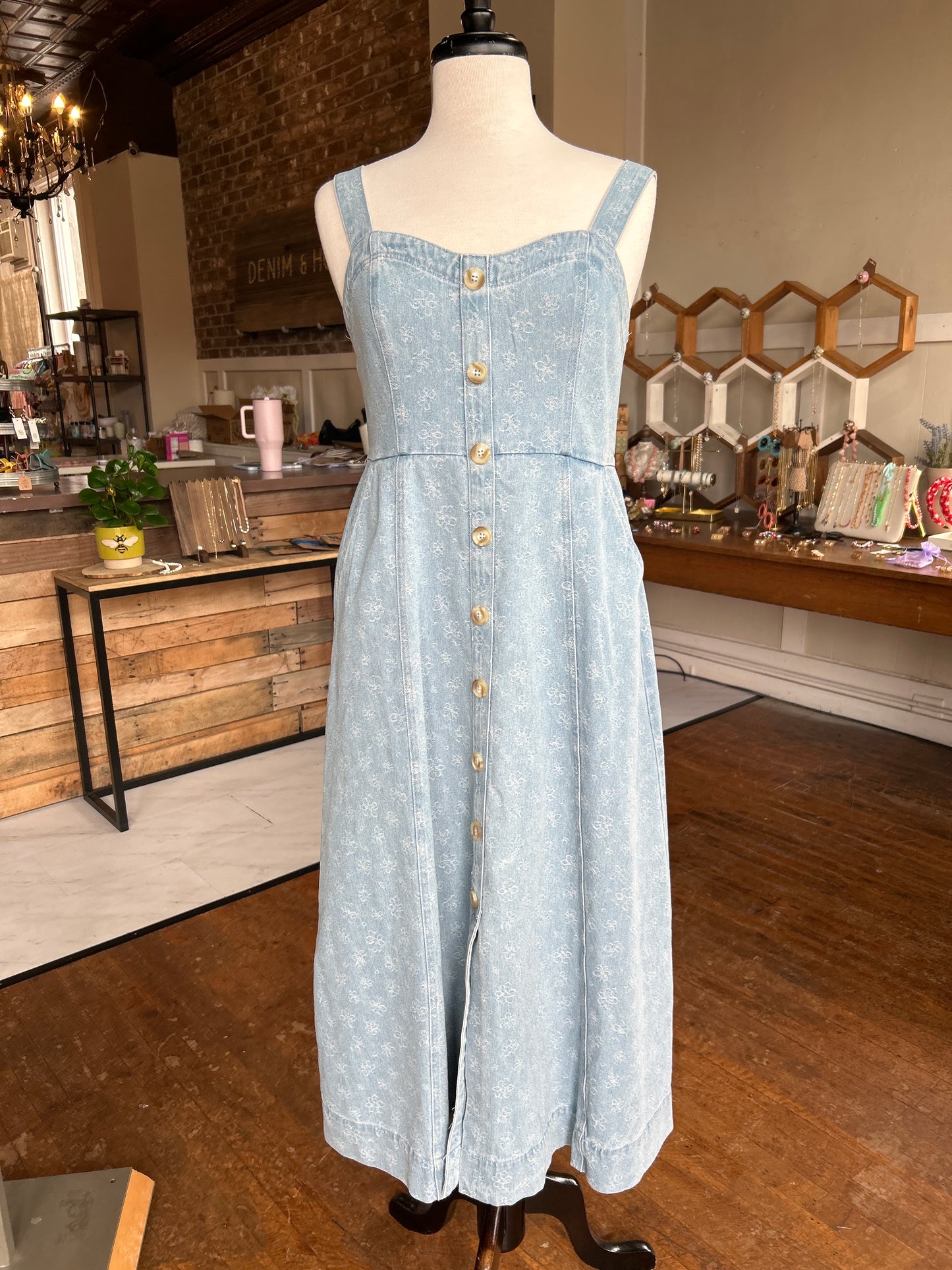 Floral Denim Jacquard Sweetheart Midi Dress