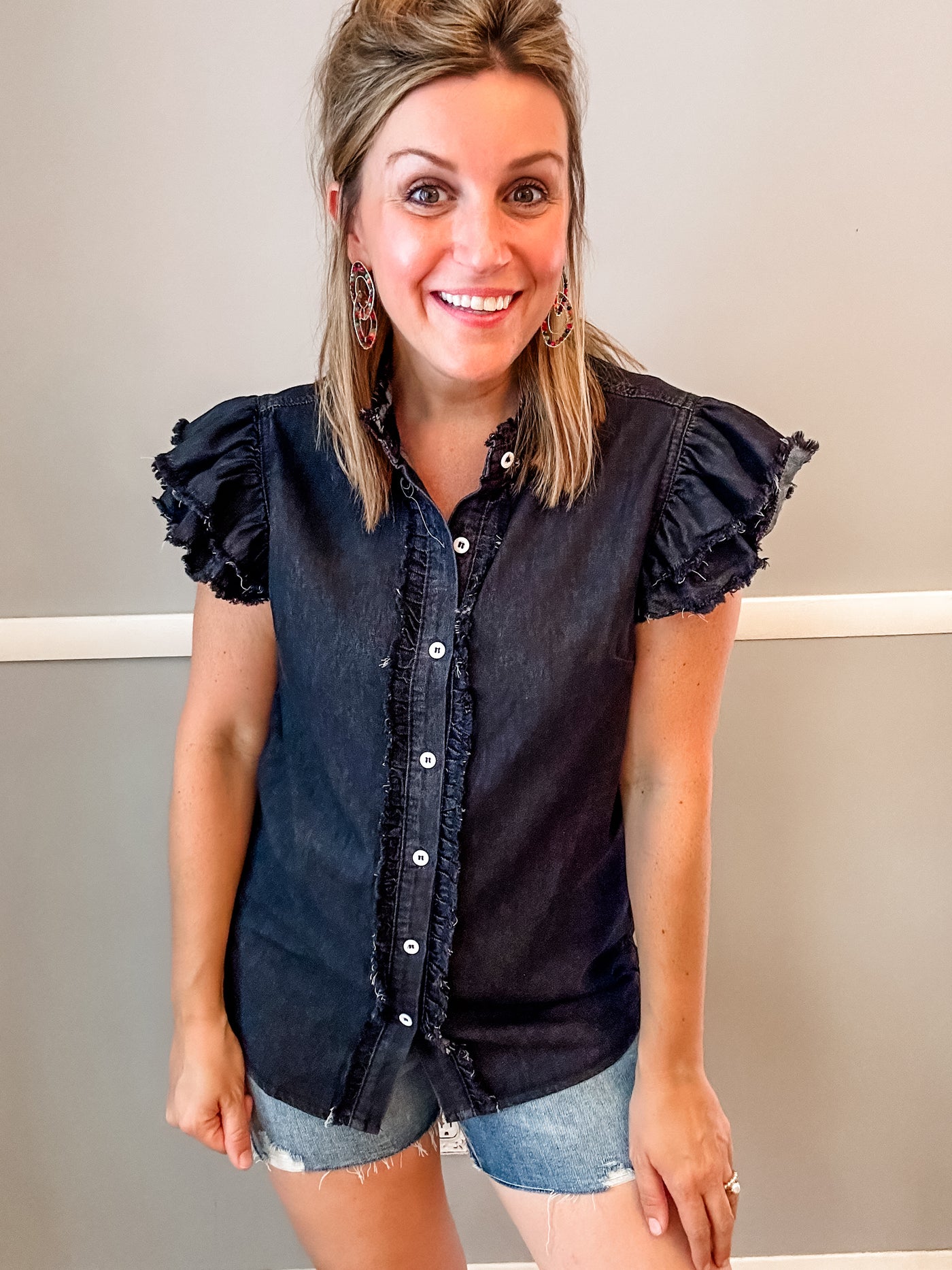 Black Denim Ruffle Top