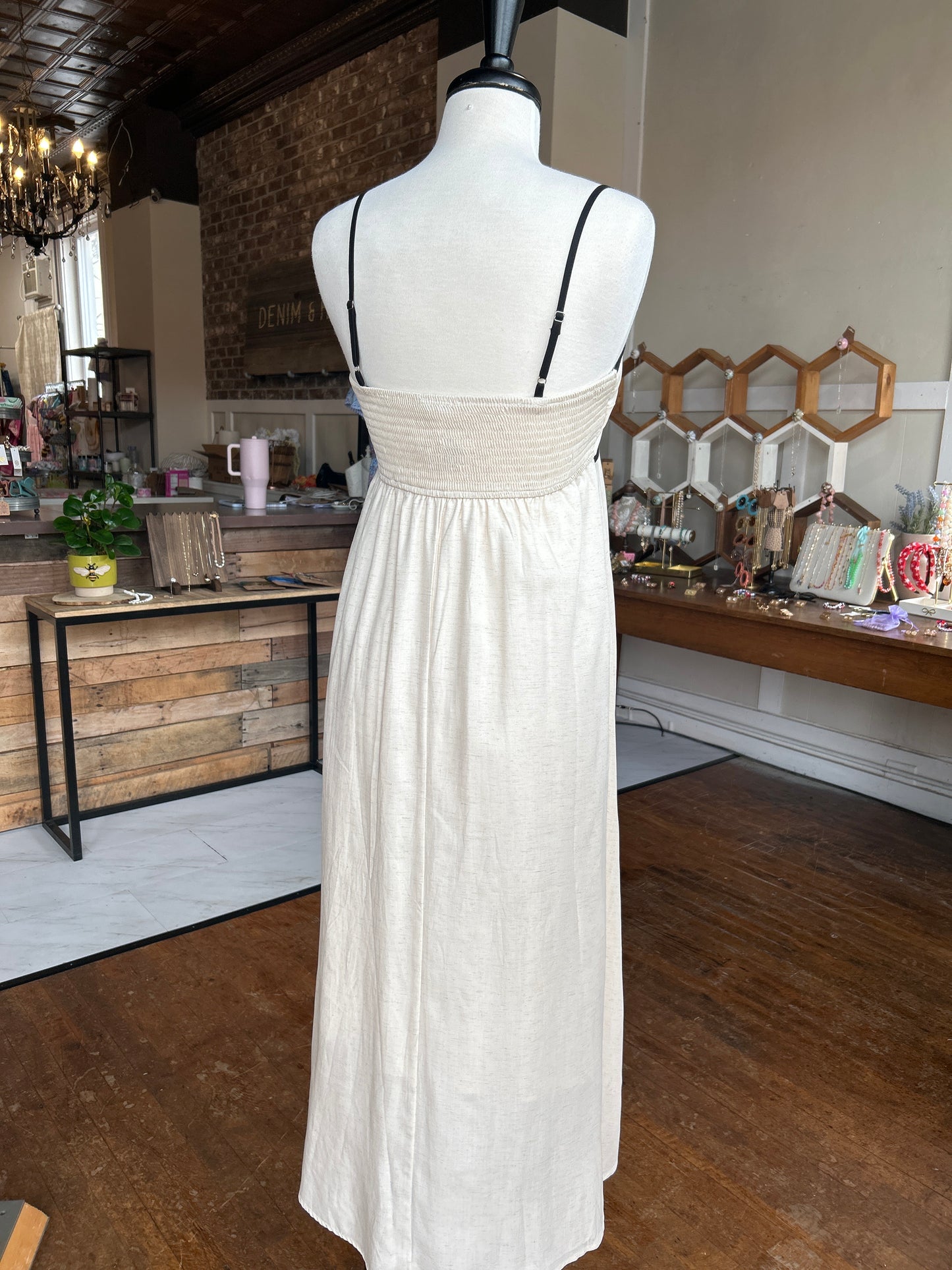 Contrast Trim Spaghetti Empire Waist Midi Dress- Natural