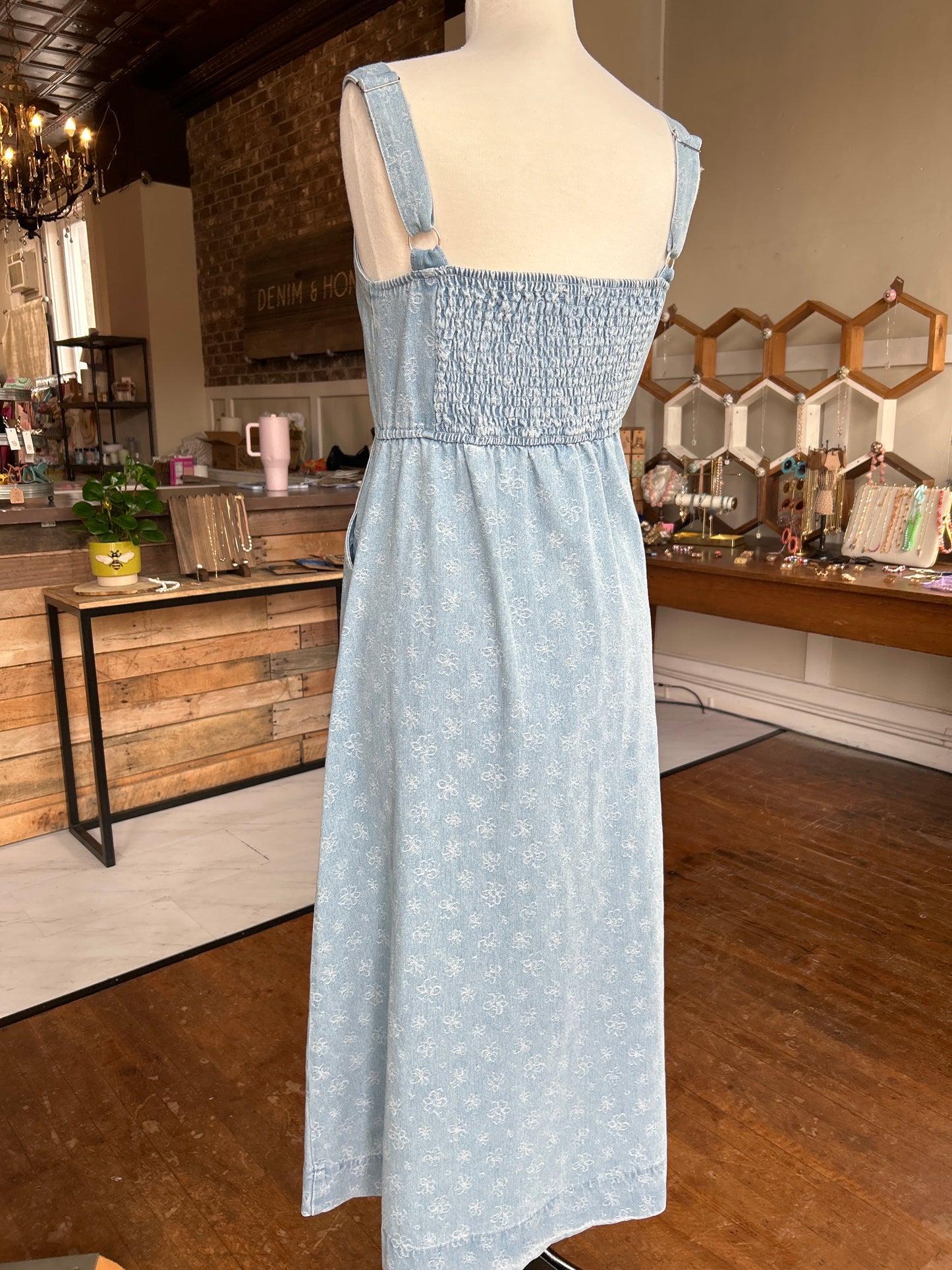 Floral Denim Jacquard Sweetheart Midi Dress