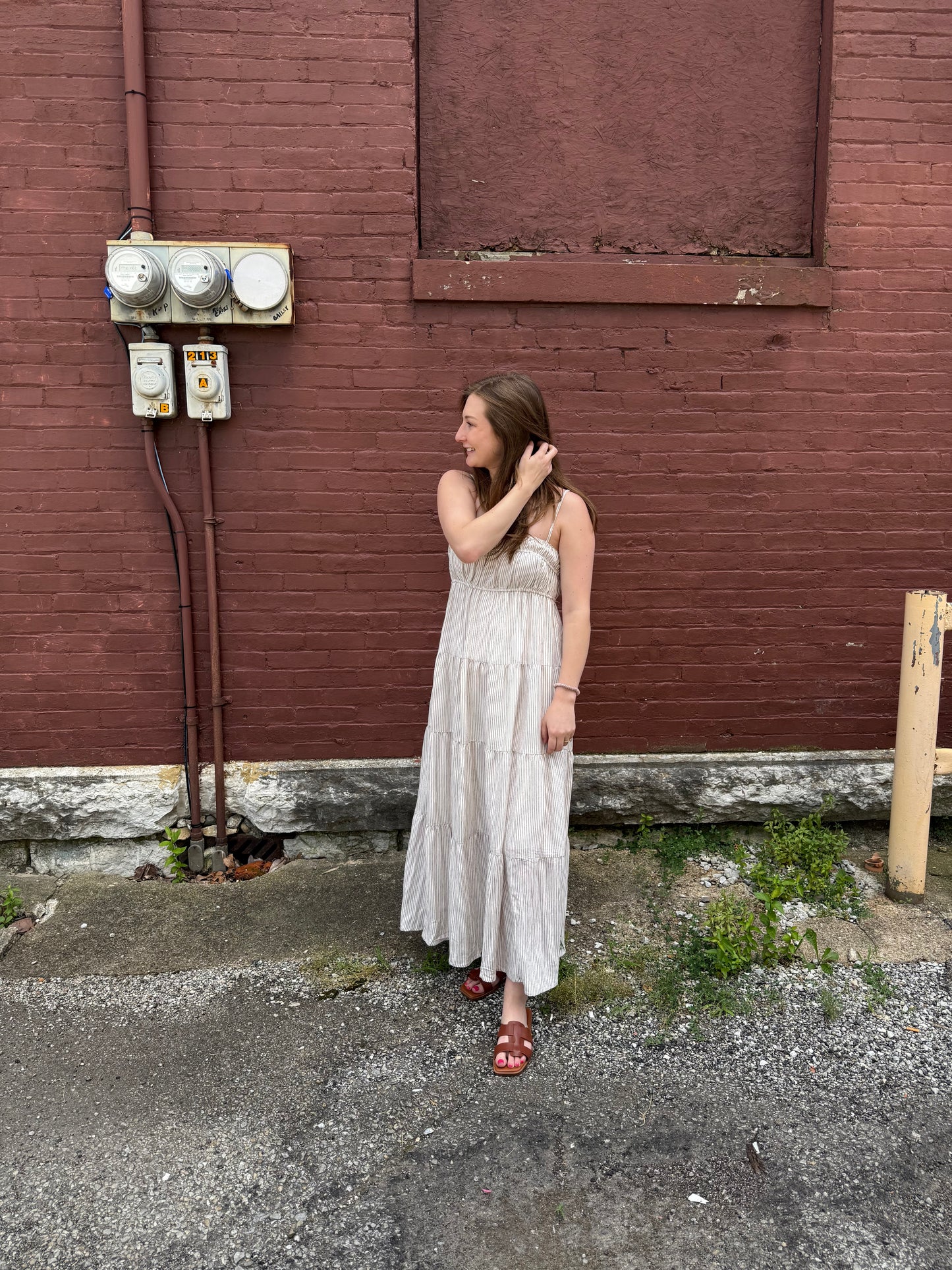 Striped Shirred Empire Waist Tiered Midi Dress - Mocha