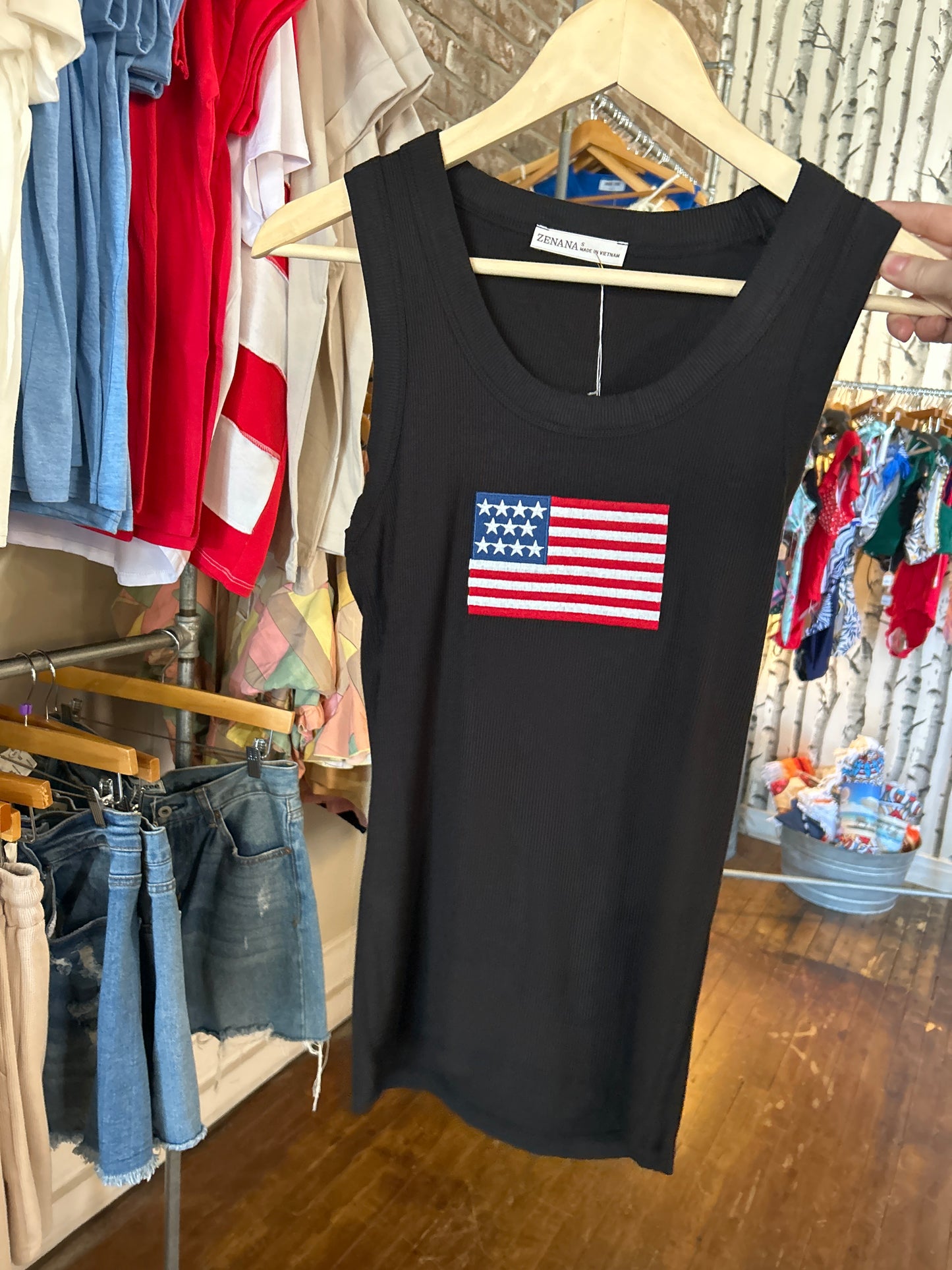 Ribbed American Flag Patch Scoop Neck Tank Top - Black