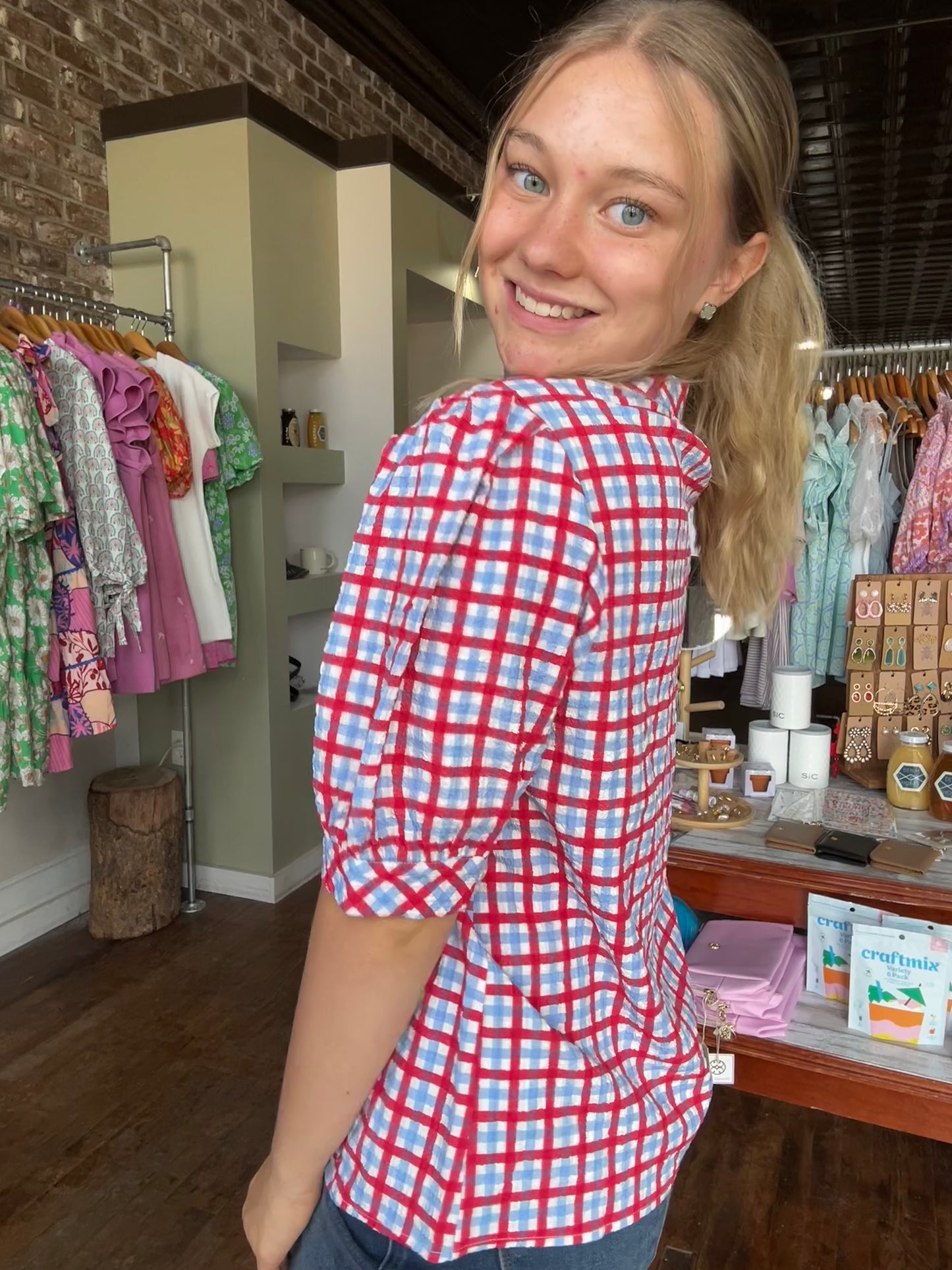 Elaine Top | Gingham Red + Blue