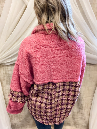 Pink Teddy Bear Jacket with Plaid Details