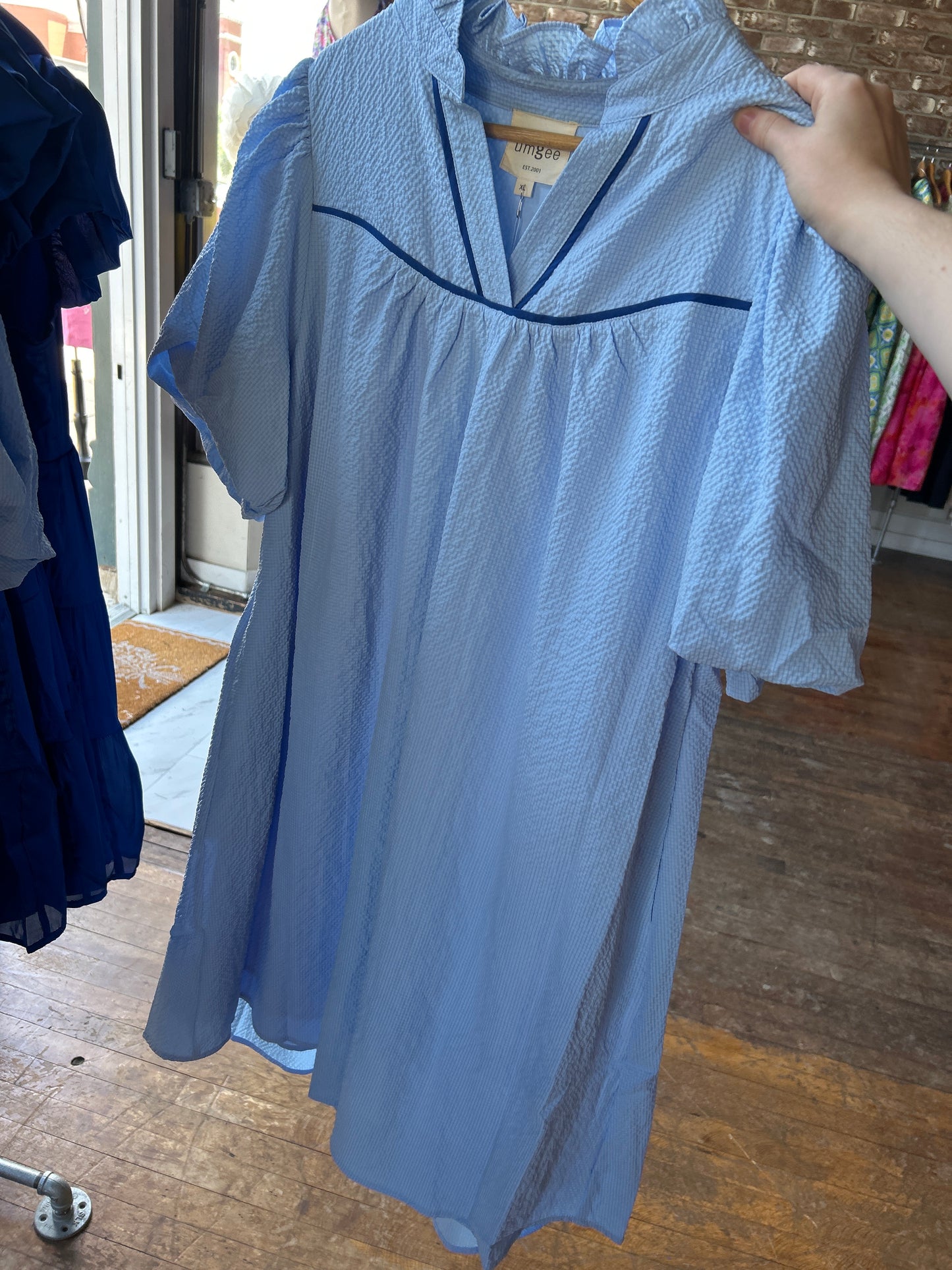 Seersucker Puff Sleeve Dress  - Sky - Plus