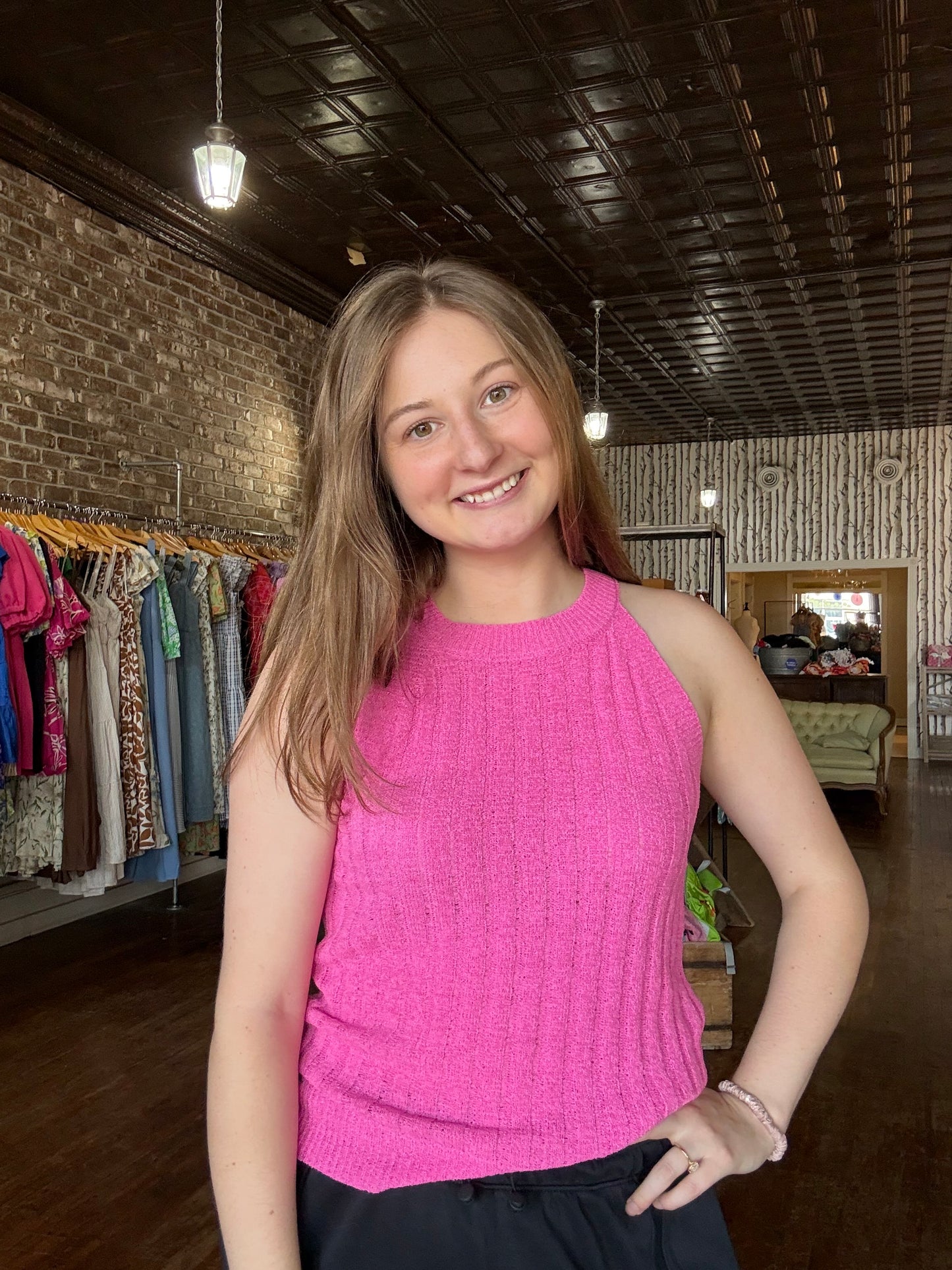 Halter Crochet Knit Tank Top - fuchsia