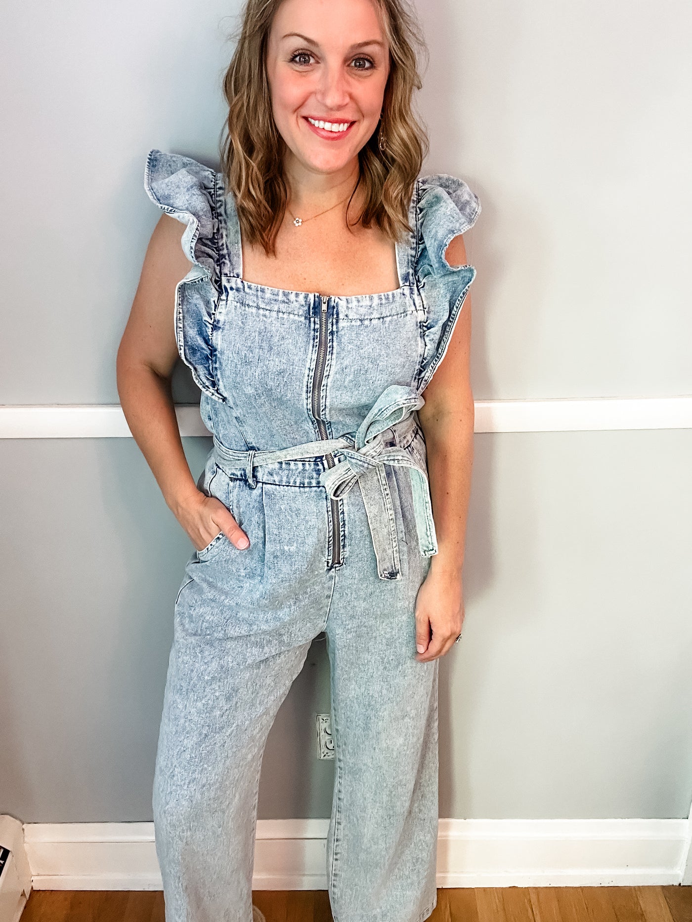 Denim Jumpsuit with Flutter Sleeves