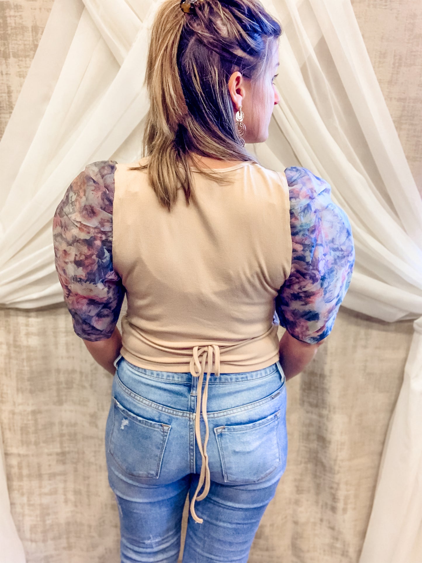 Tan Wrap Top with Pretty Puff Sleeves