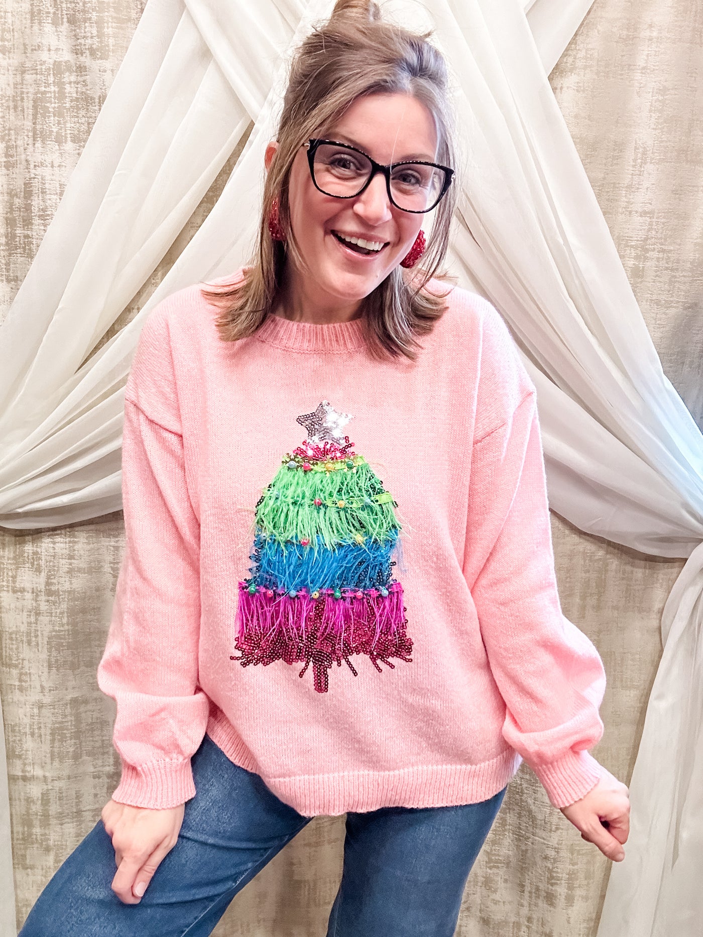 Light Pink Sweater with Fringe Tree