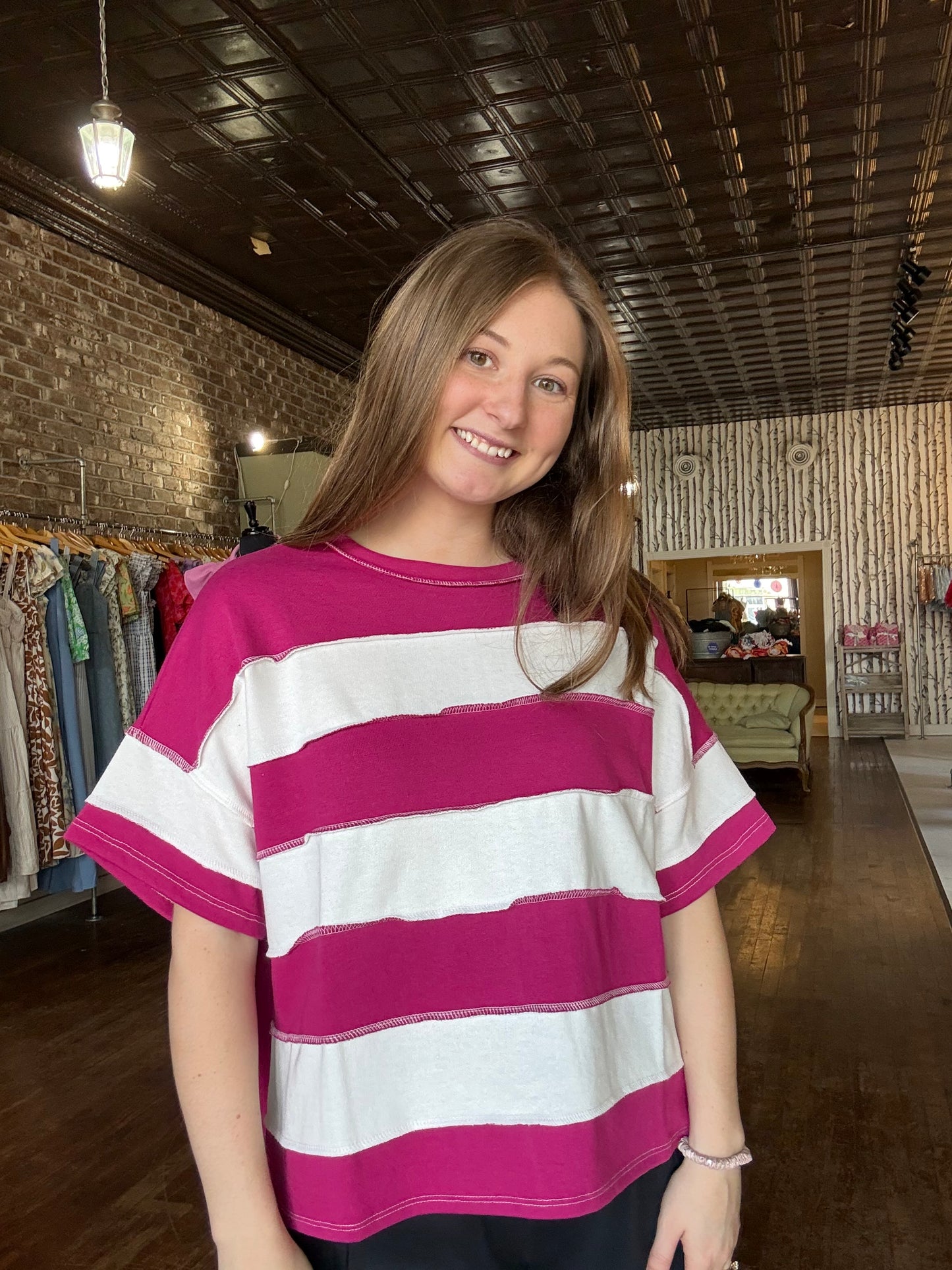 French Terry Striped Exposed Seam Top - Dark Pink