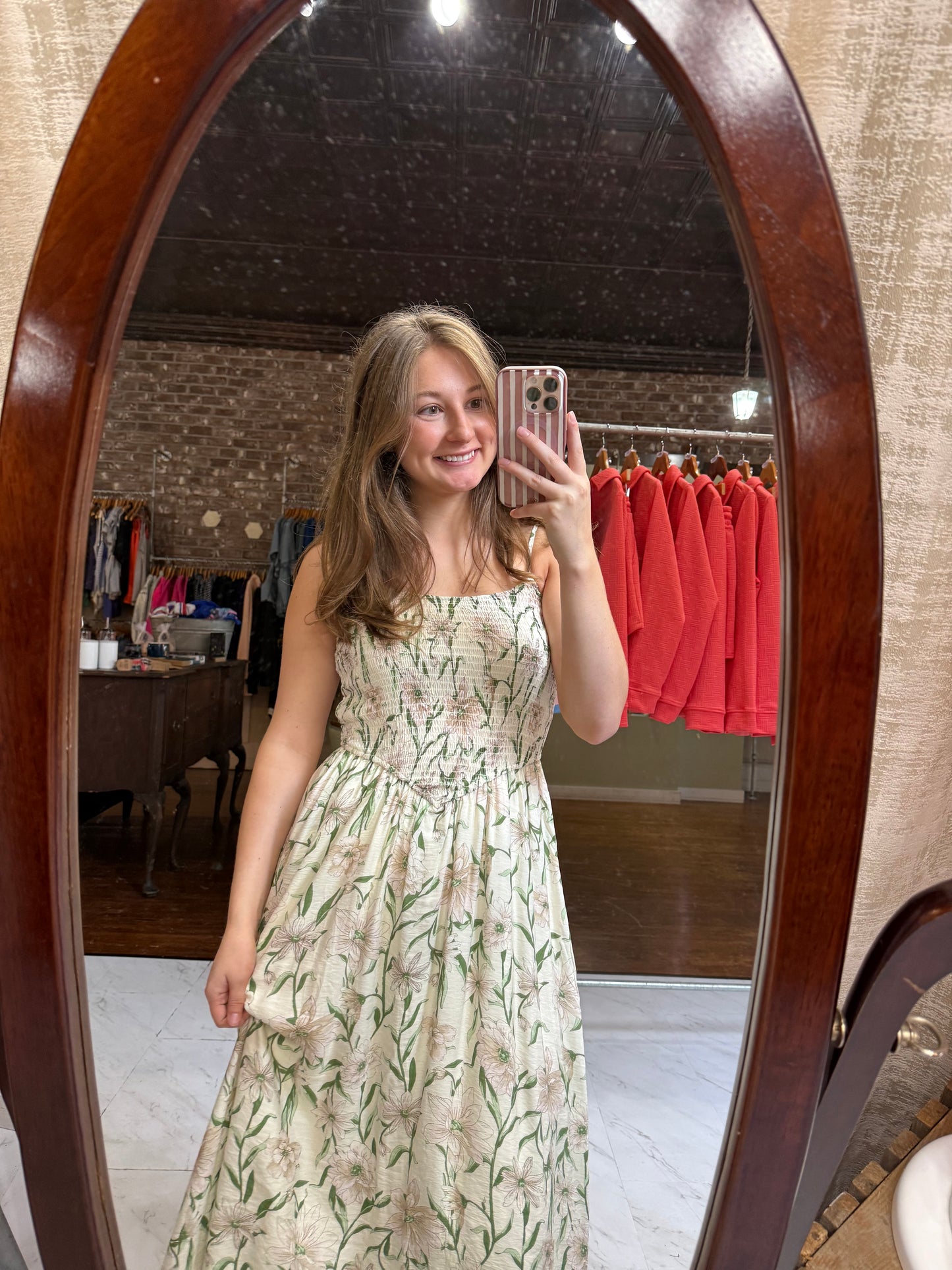 Floral Smocked Spaghetti Strap Midi Sundress - Ivory