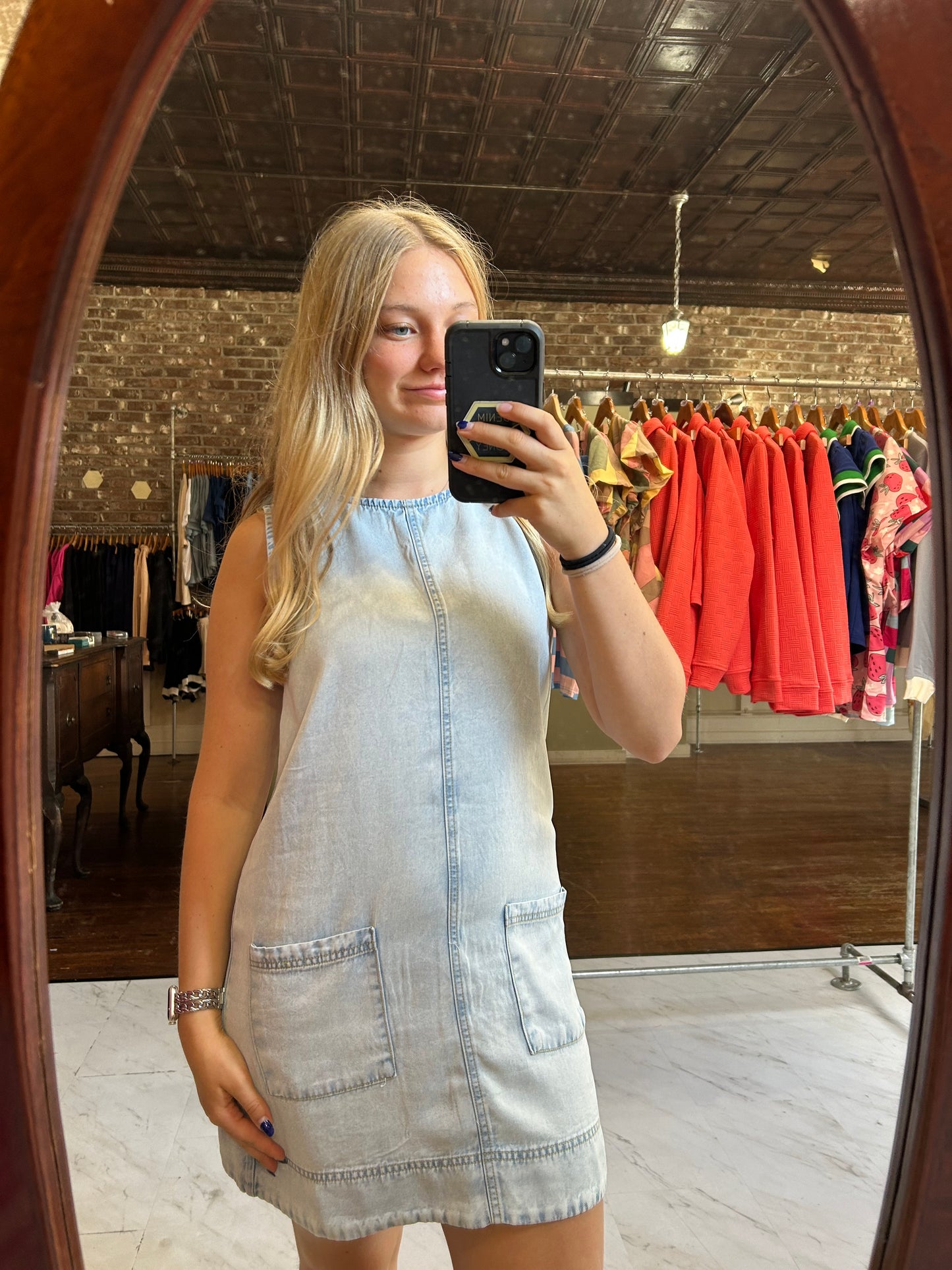 Sleeveless Pocket Detail Washed Denim Mini Dress | Light
