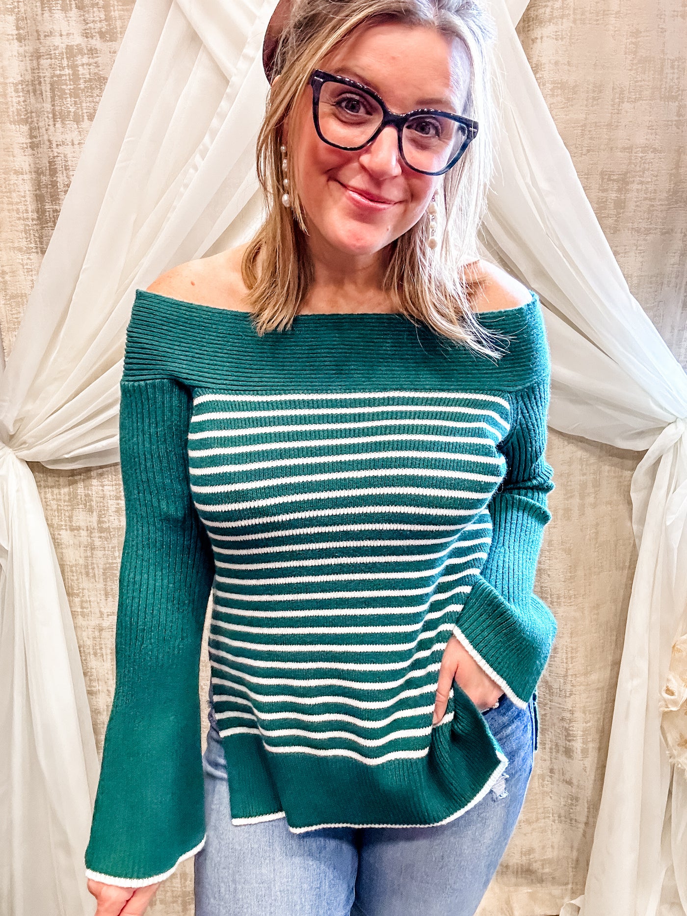 Green and Cream Soft Striped Sweater