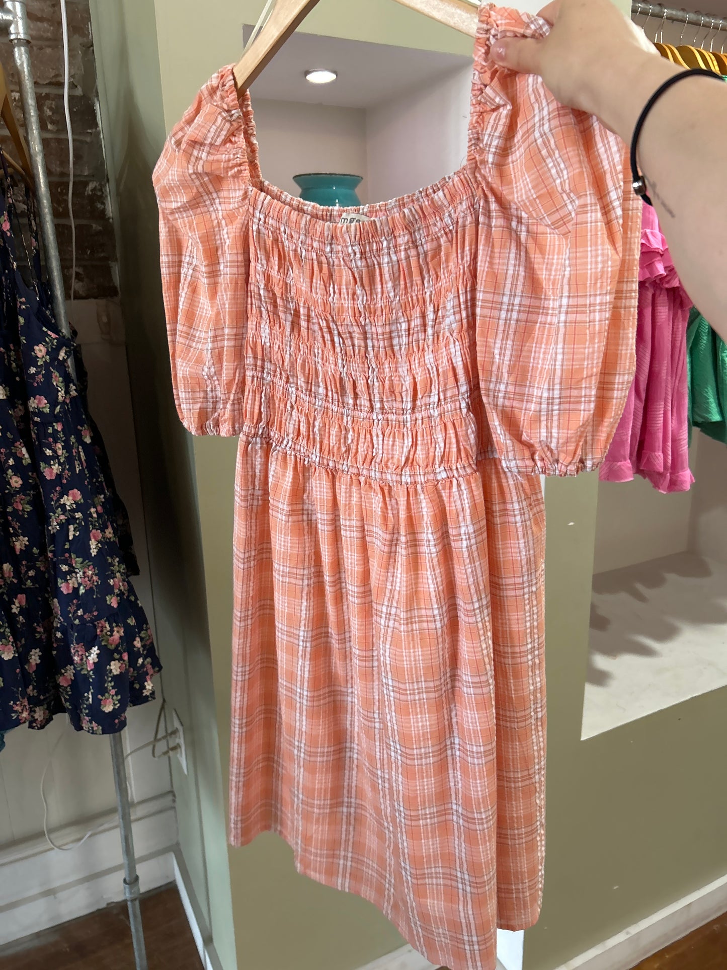Puff Sleeve Plaid Dress - Peach