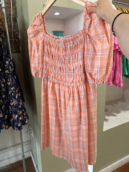Puff Sleeve Plaid Dress - Peach