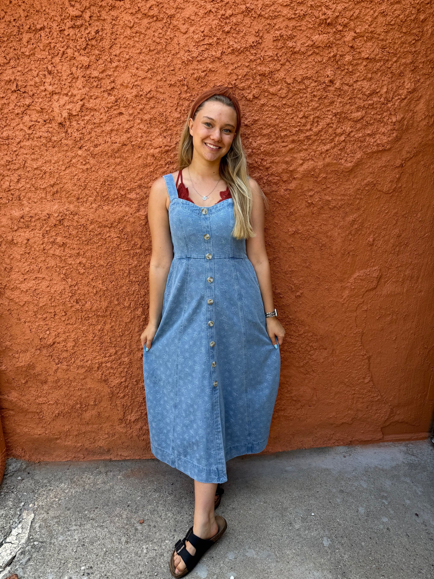 Floral Denim Jacquard Sweetheart Midi Dress